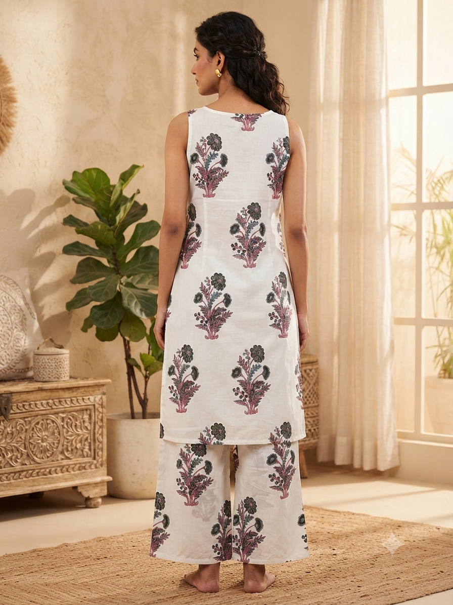 Elegant Off-White Block-Print Sleeveless 2-Piece Cotton Set