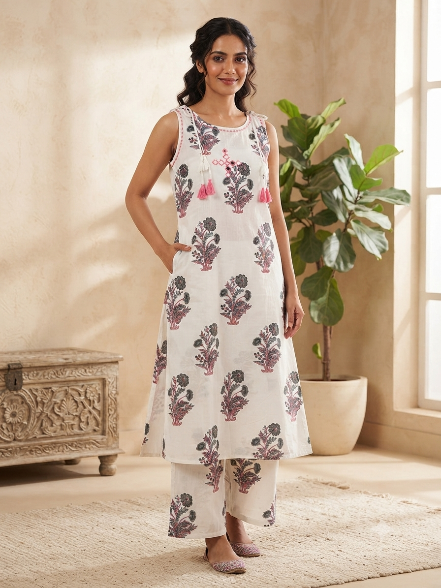 Elegant Off-White Block-Print Sleeveless 2-Piece Cotton Set