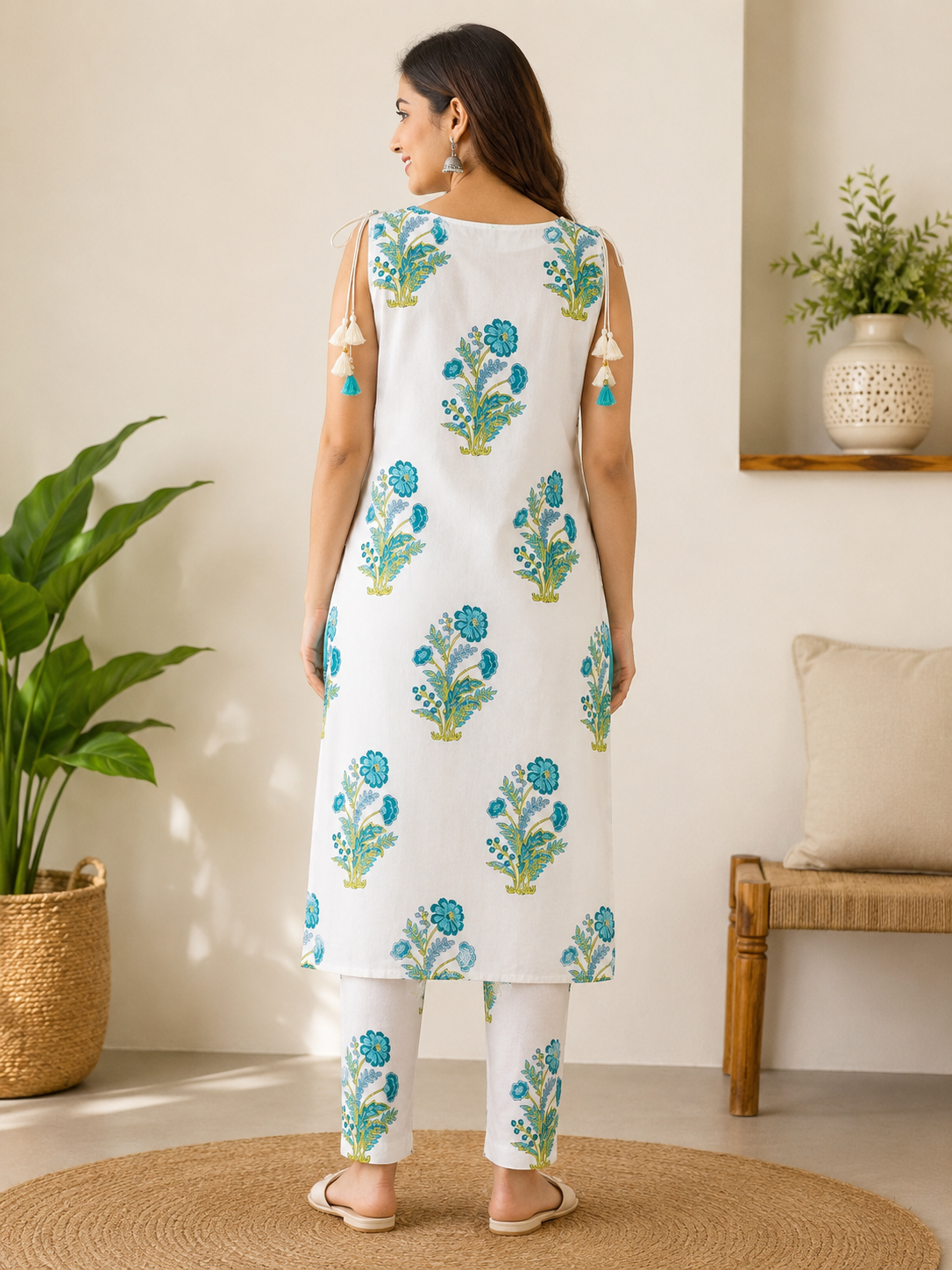 Elegant White and Teal Green Floral Printed Sleeveless Cotton 2-Piece Set