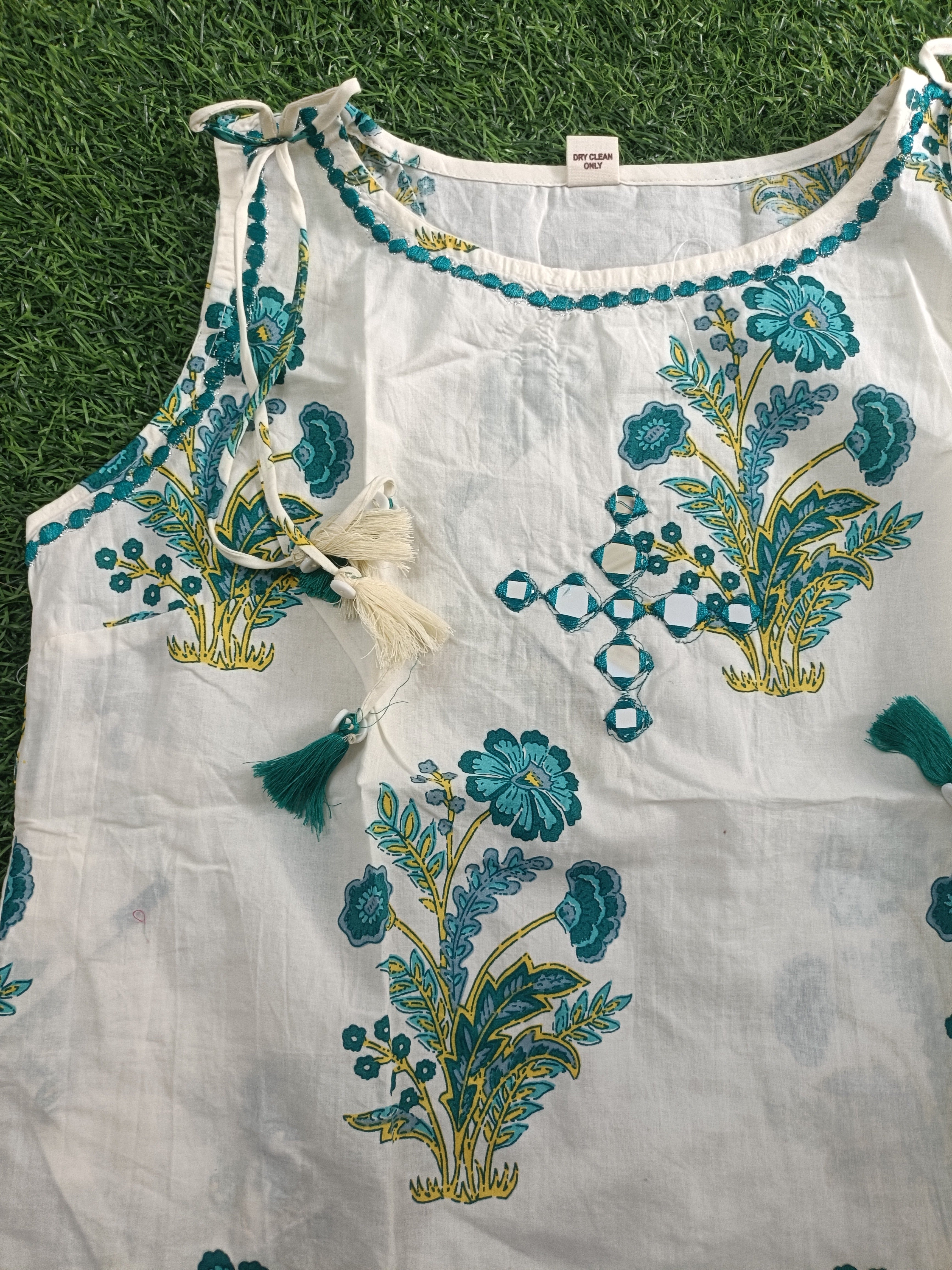 Elegant White and Teal Green Floral Printed Sleeveless Cotton 2-Piece Set