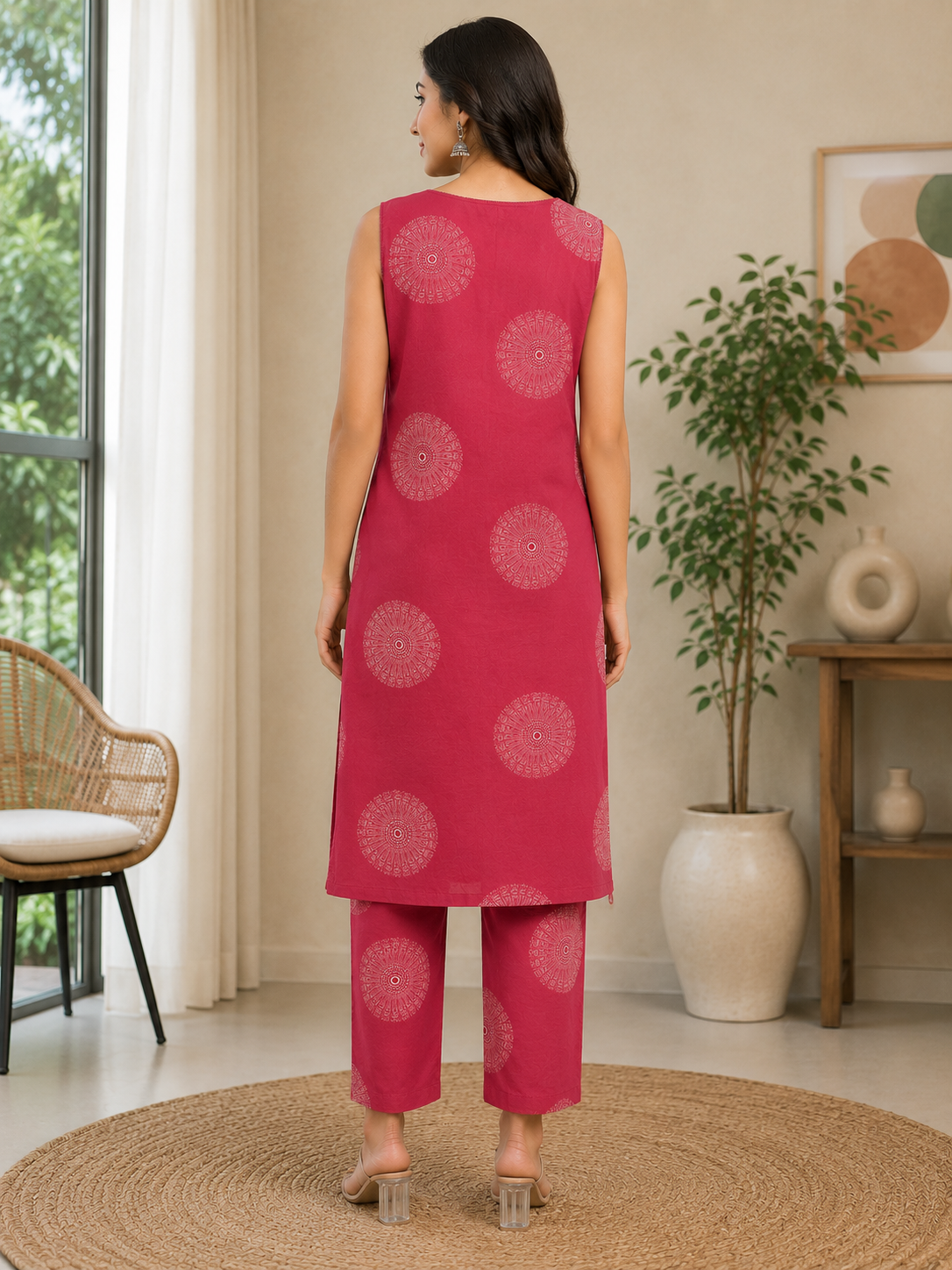 Vibrant Magenta and Off-White Circular Print Sleeveless Cotton 2-Piece Kurti Set