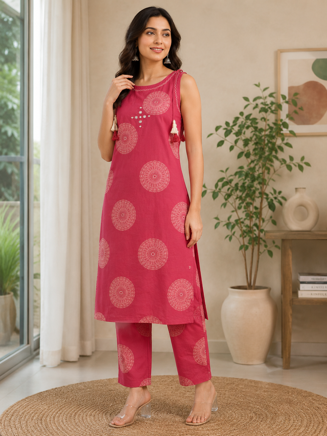 Vibrant Magenta and Off-White Circular Print Sleeveless Cotton 2-Piece Kurti Set