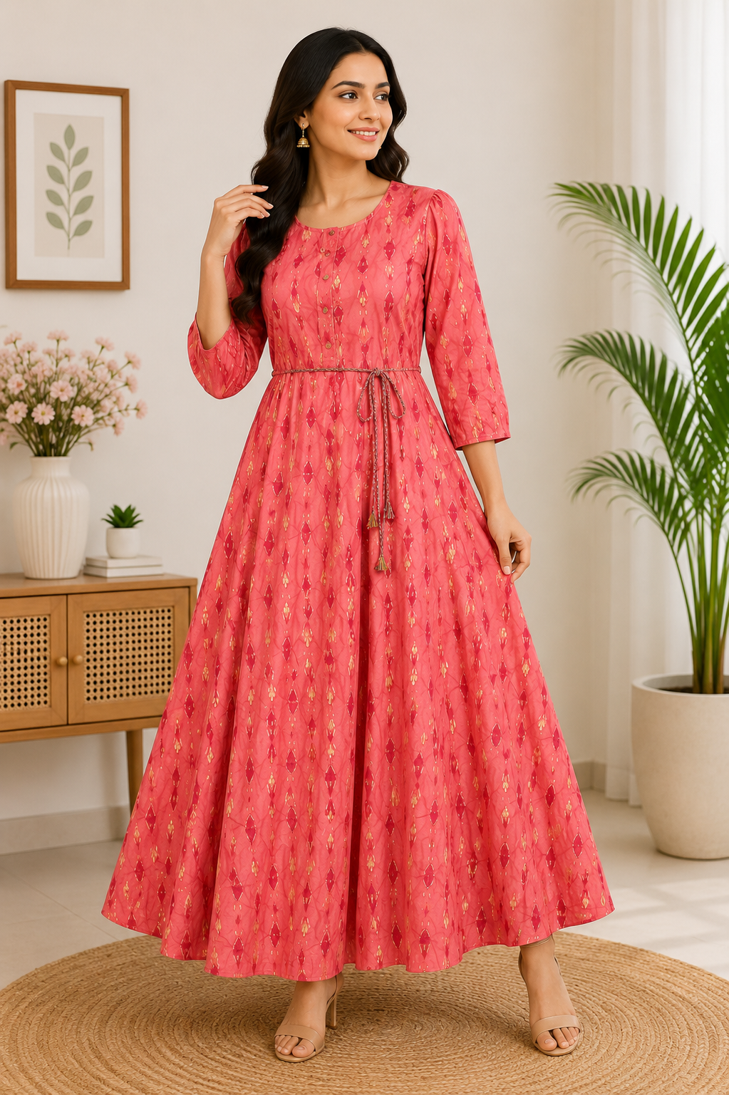 Elegant Brick red Ikat Print Rayon Single Piece Kurti