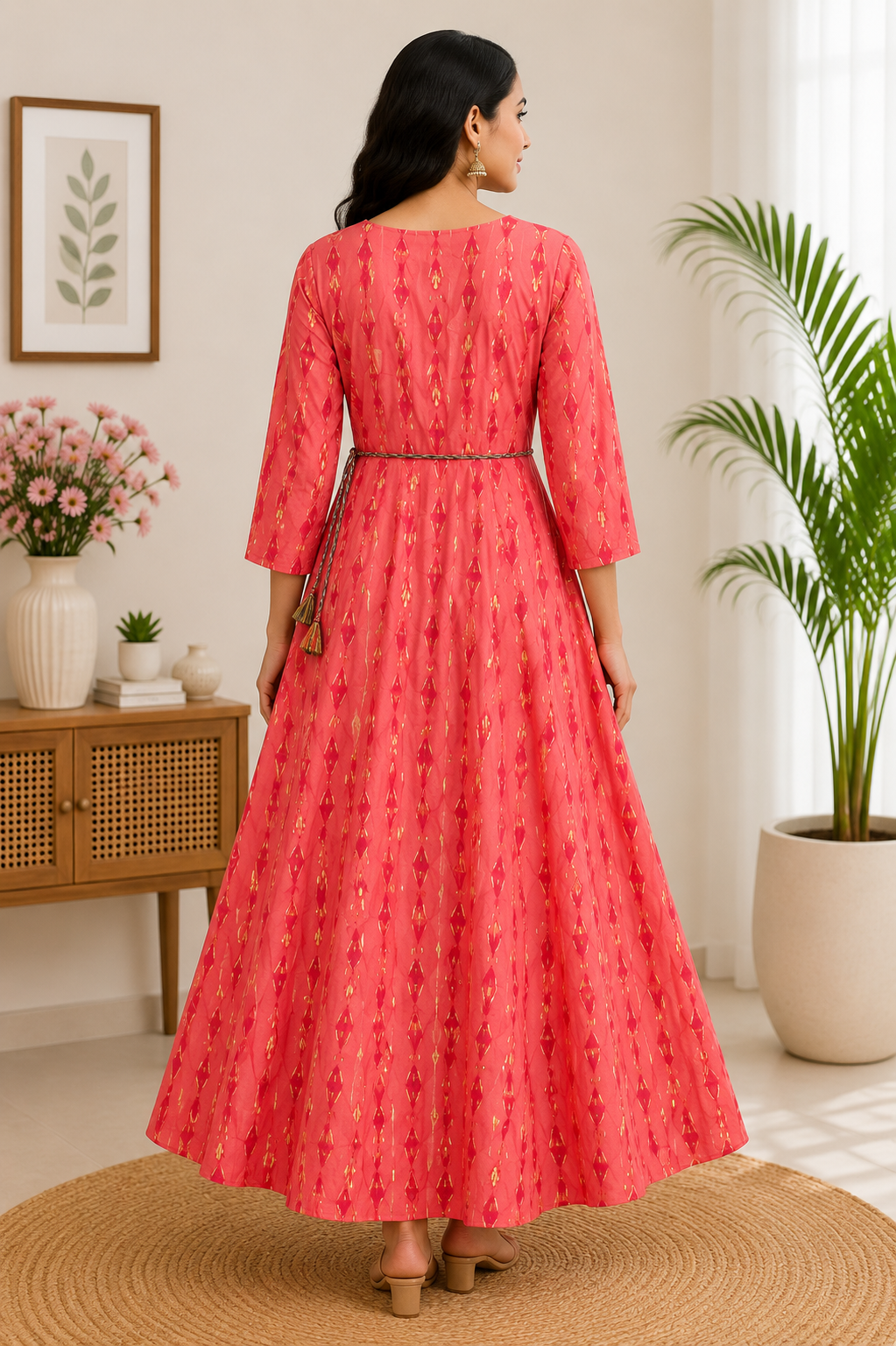 Elegant Brick red Ikat Print Rayon Single Piece Kurti