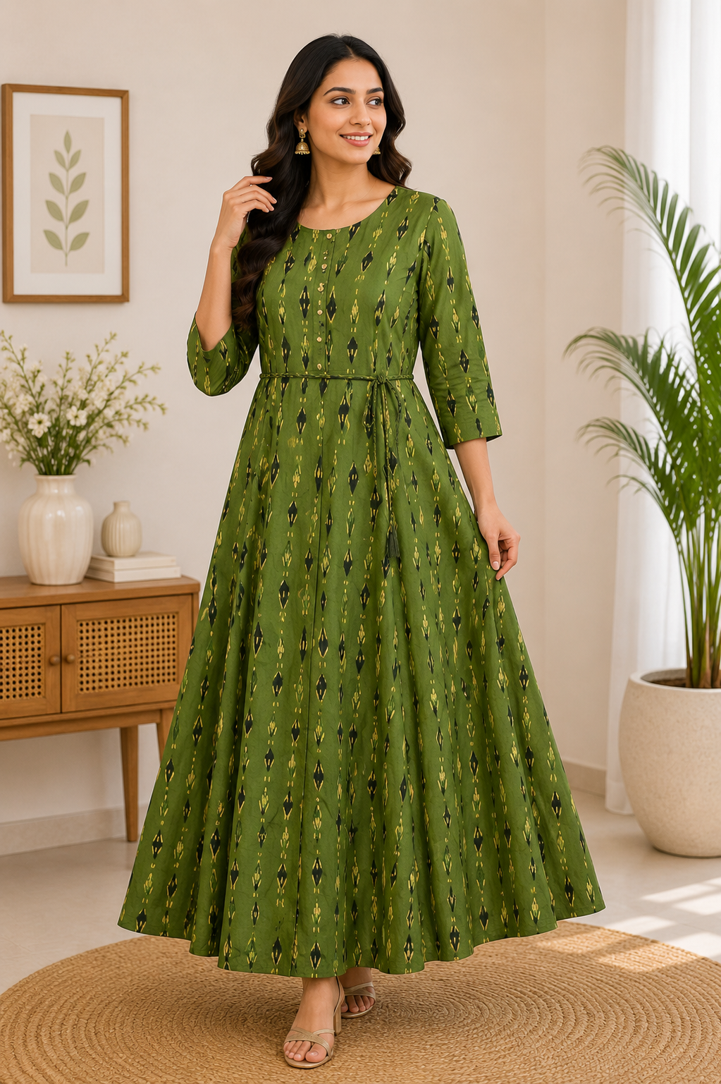 Elegant olive green Ikat Print Rayon Single Piece Kurti