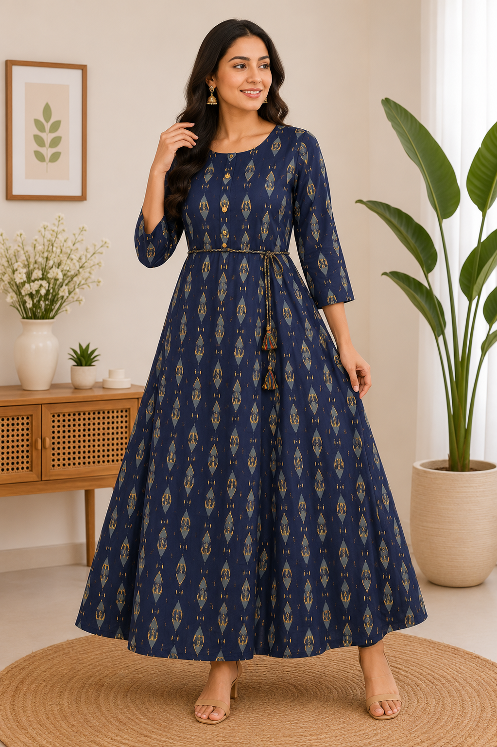 Elegant navy blue Ikat Print Rayon Single Piece Kurti