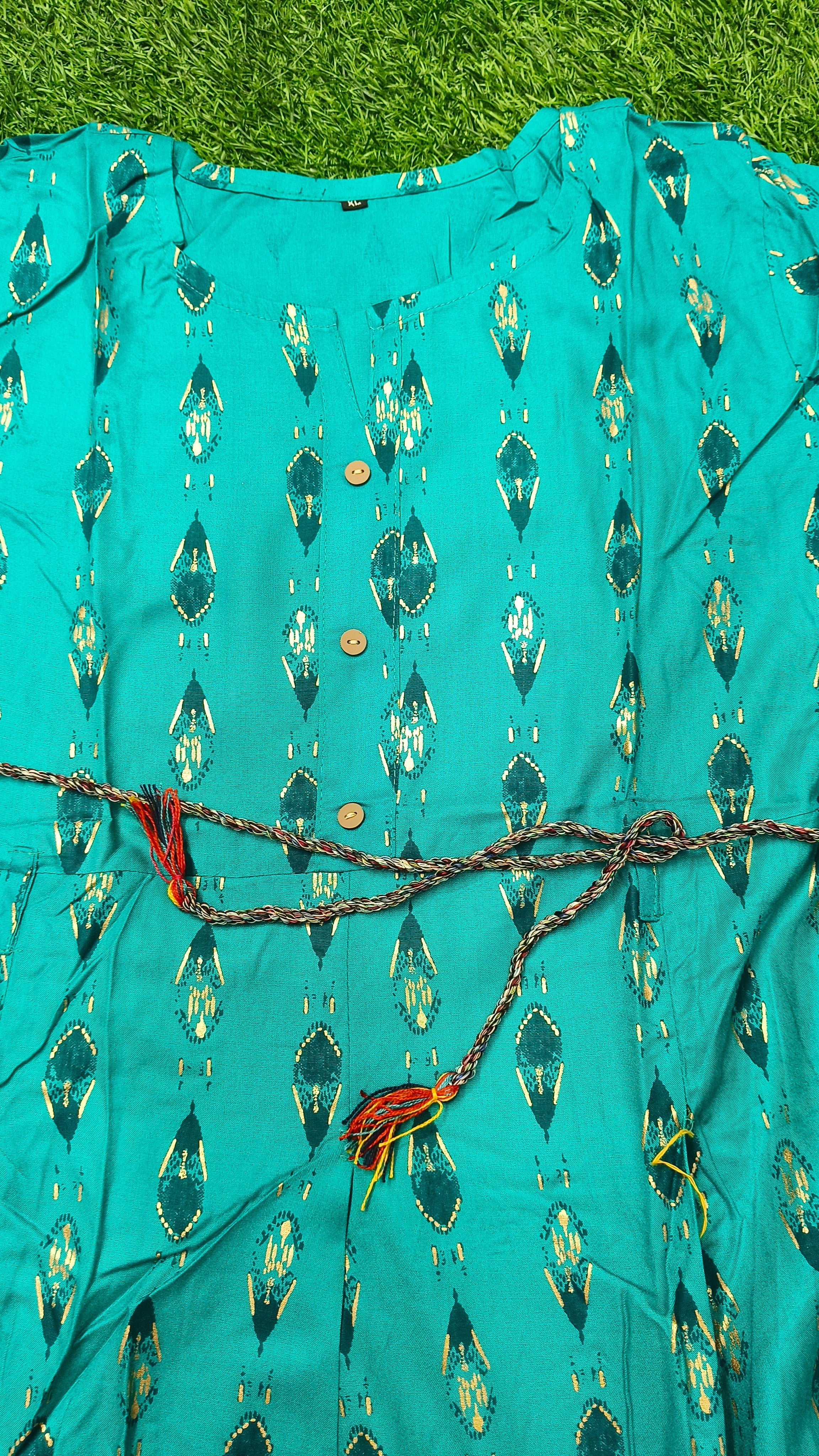 Elegant Blue and green Ikat Print Rayon Single Piece Kurti