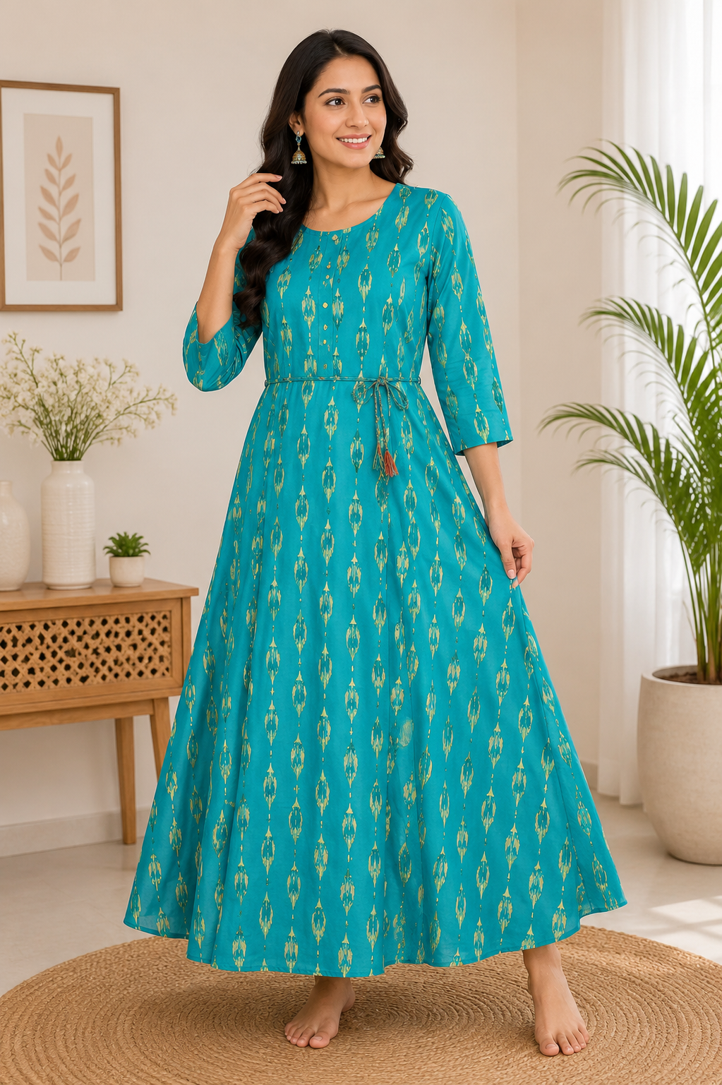 Elegant Blue and green Ikat Print Rayon Single Piece Kurti