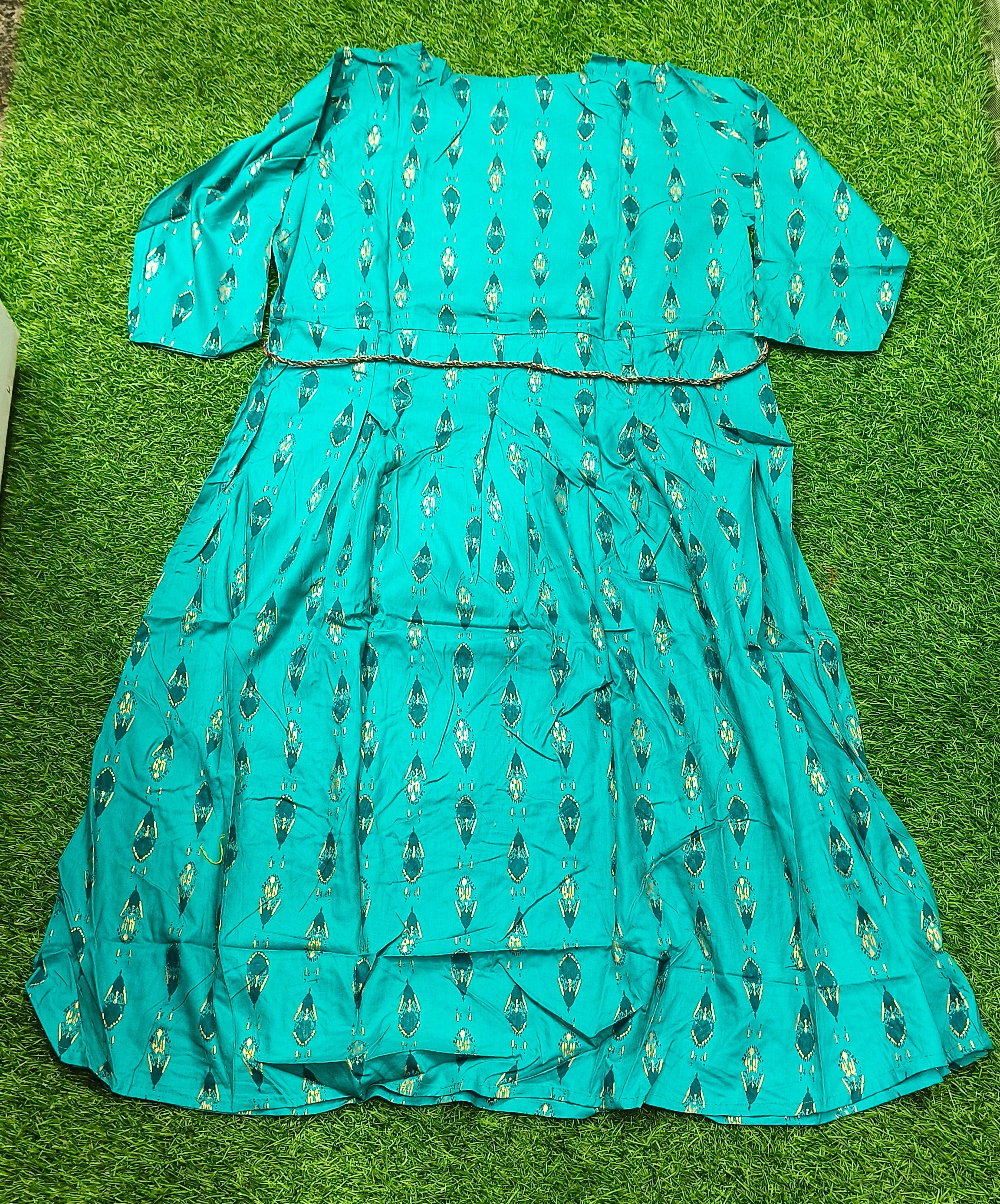 Elegant Blue and green Ikat Print Rayon Single Piece Kurti