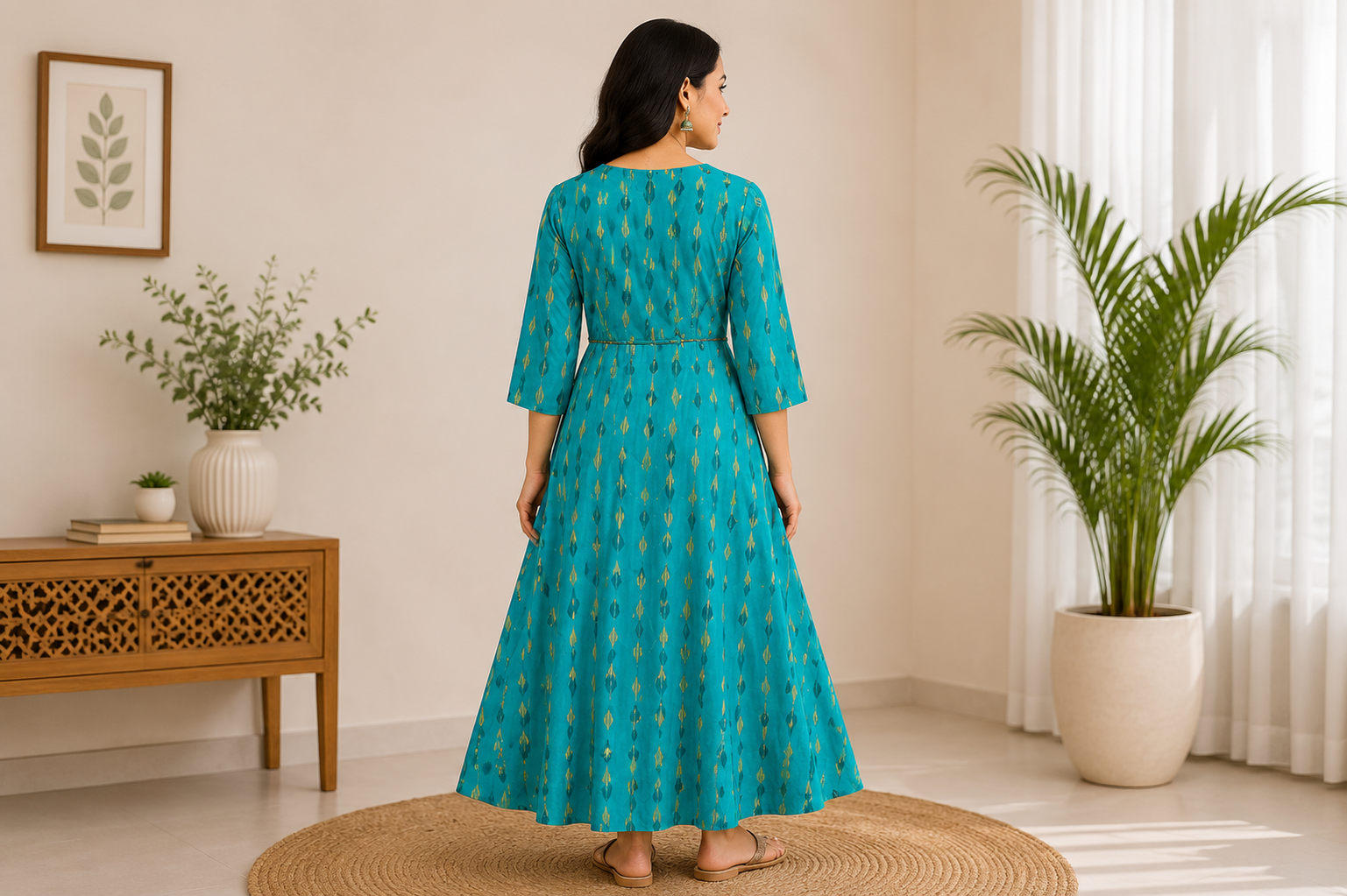 Elegant Blue and green Ikat Print Rayon Single Piece Kurti