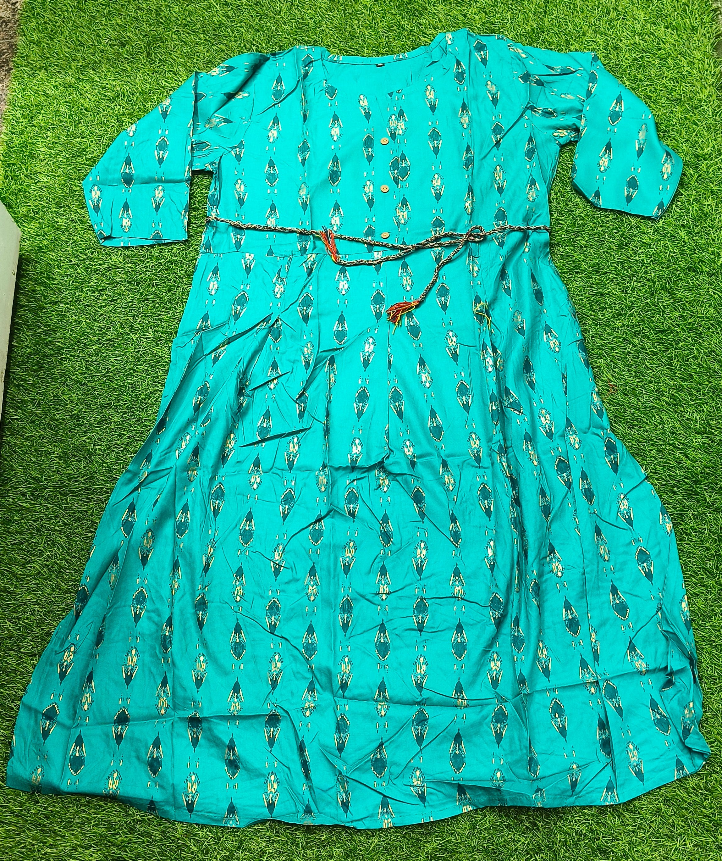 Elegant Blue and green Ikat Print Rayon Single Piece Kurti