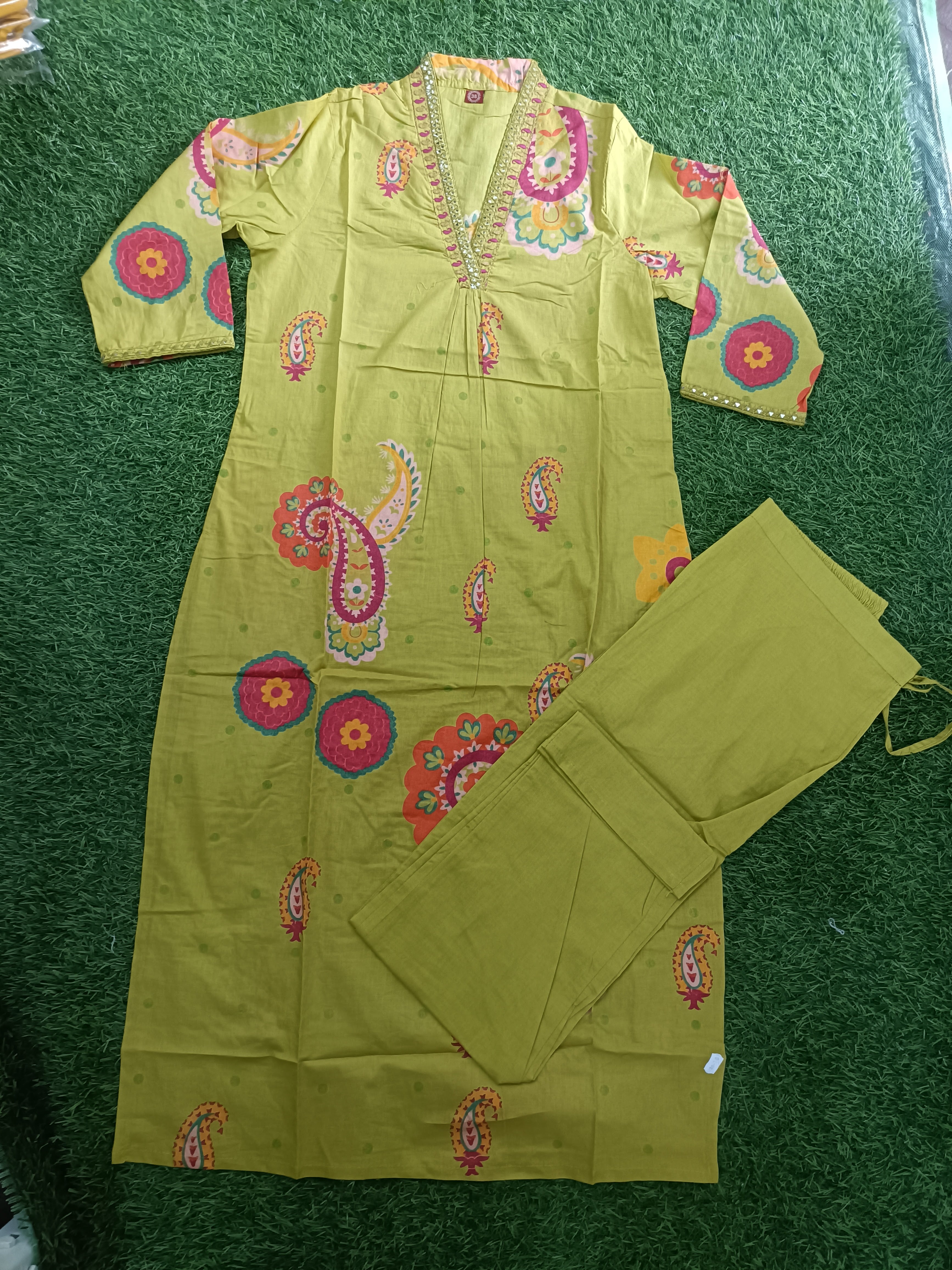 Vibrant Olive Yellow Block-Print Style Cotton 2-Piece Kurti Set