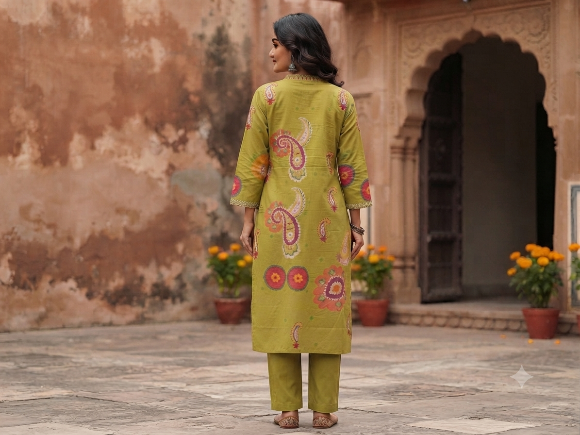 Vibrant Olive Yellow Block-Print Style Cotton 2-Piece Kurti Set