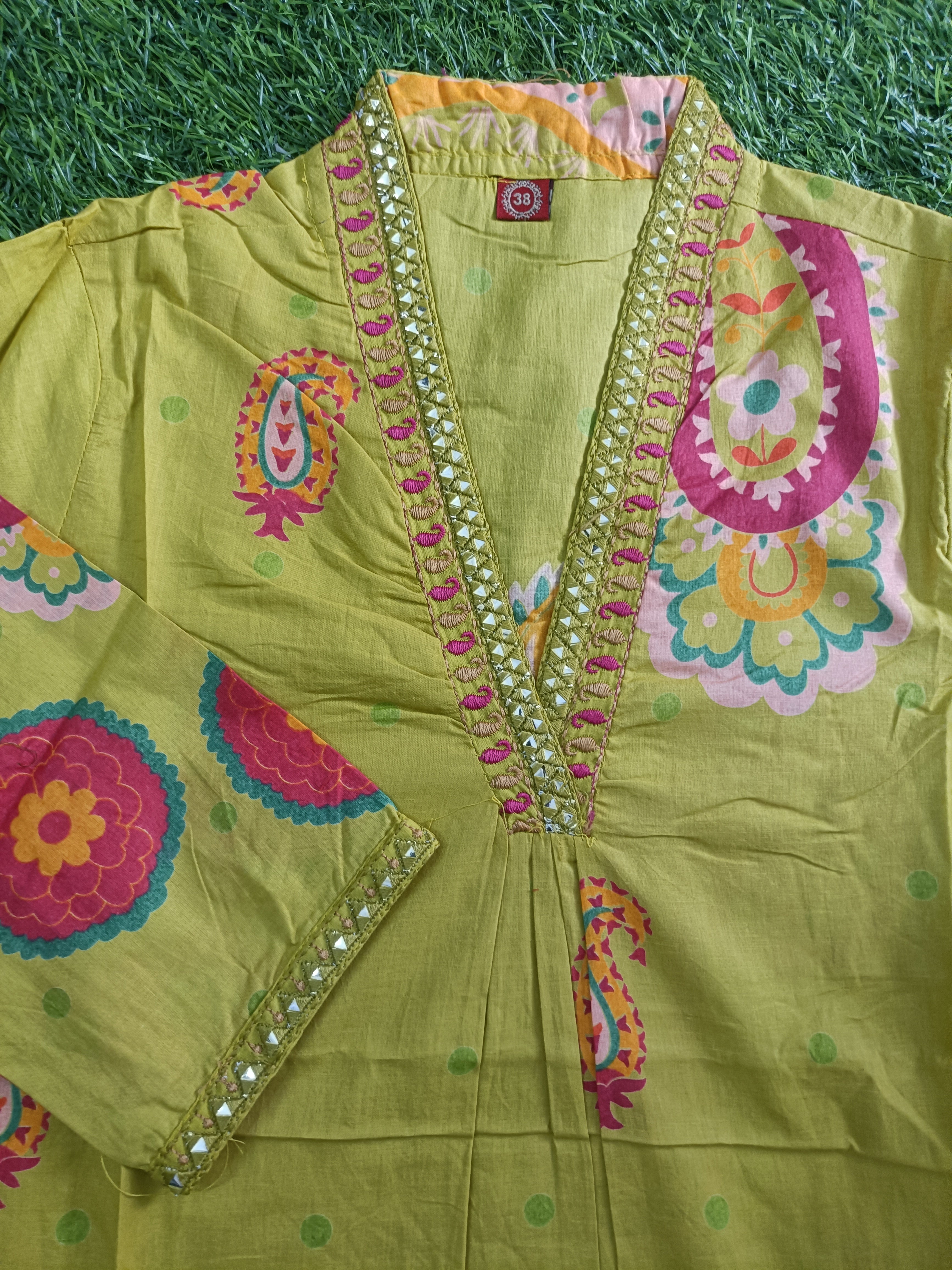 Vibrant Olive Yellow Block-Print Style Cotton 2-Piece Kurti Set