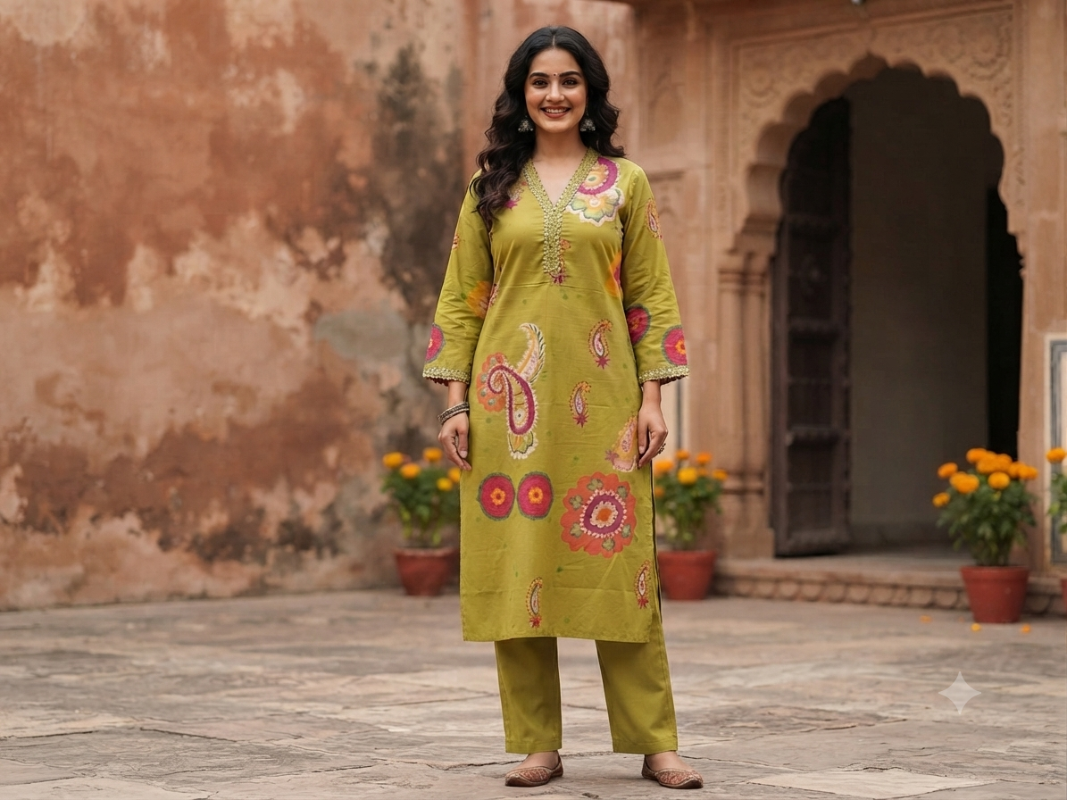 Vibrant Olive Yellow Block-Print Style Cotton 2-Piece Kurti Set