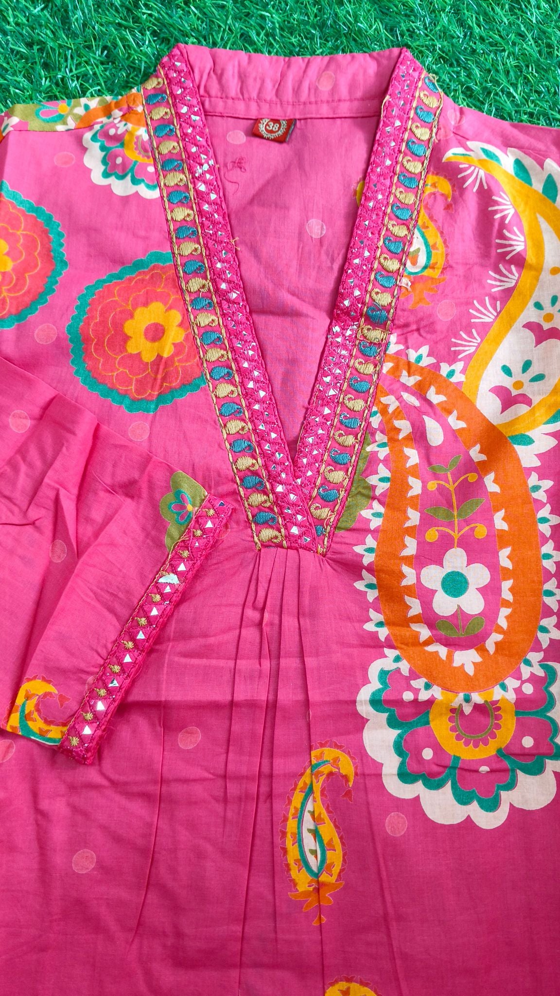 Vibrant Bright Pink Block-Print Style Cotton 2-Piece Kurti Set