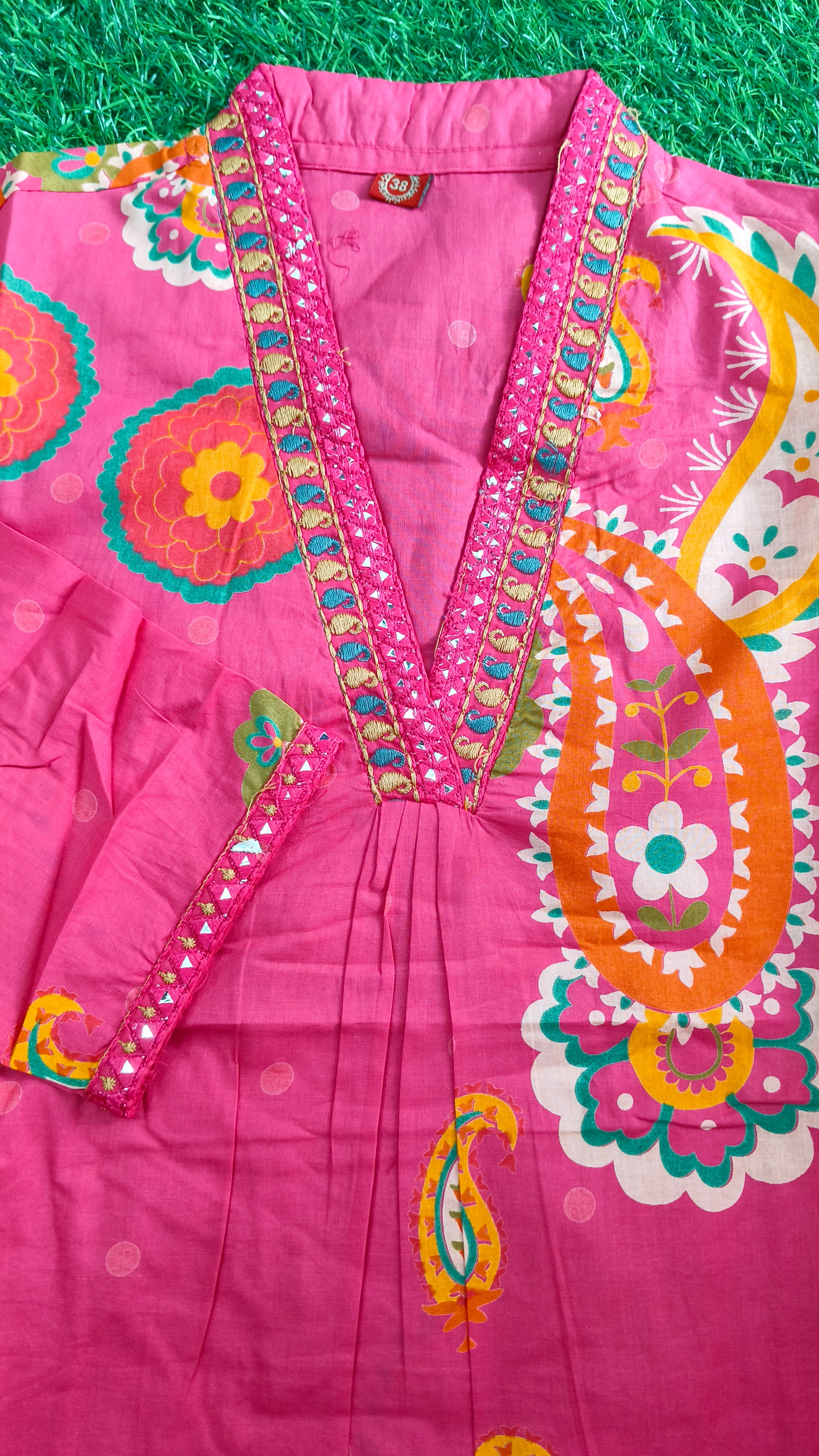 Vibrant Bright Pink Block-Print Style Cotton 2-Piece Kurti Set