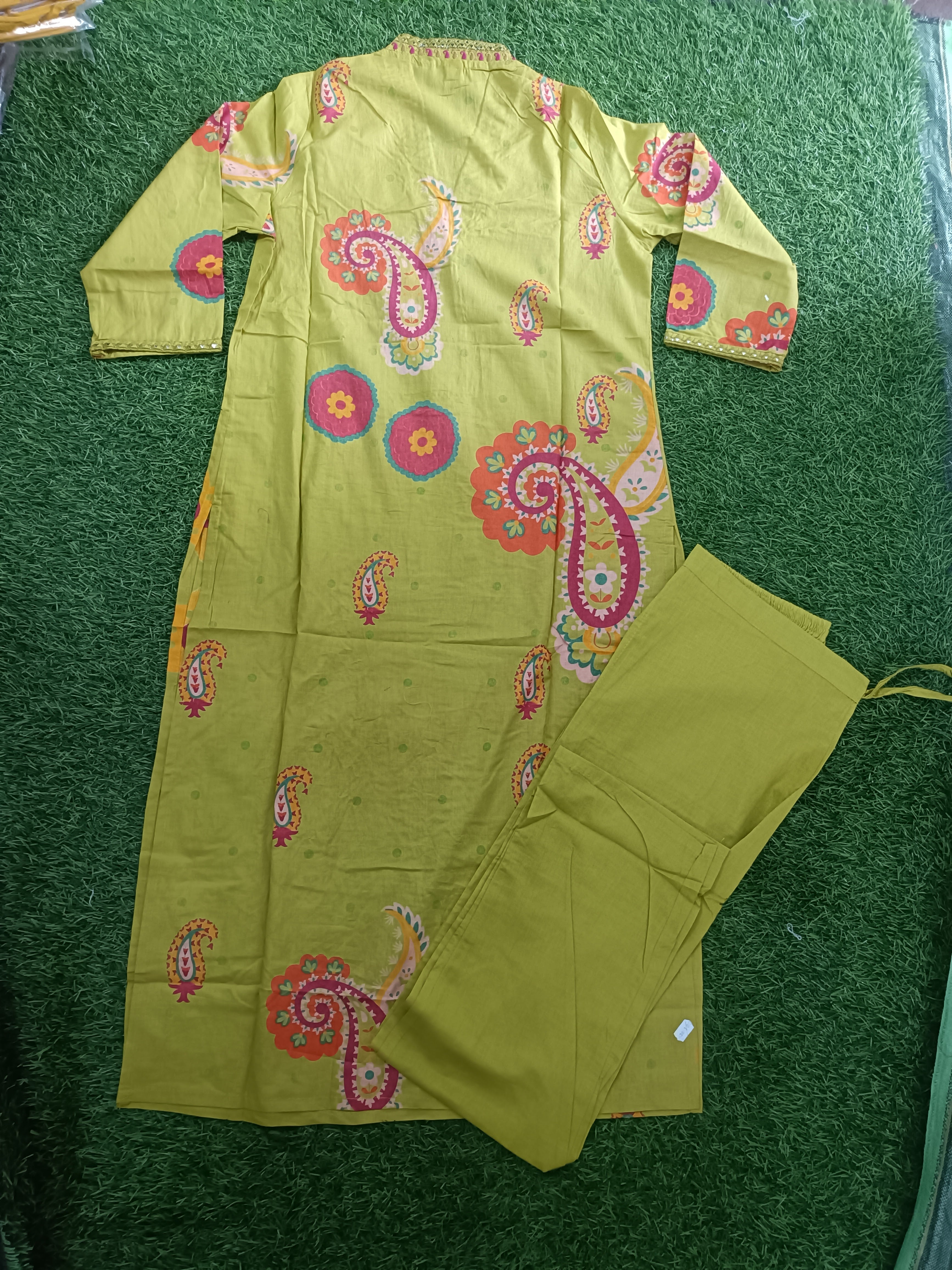 Vibrant Olive Yellow Block-Print Style Cotton 2-Piece Kurti Set