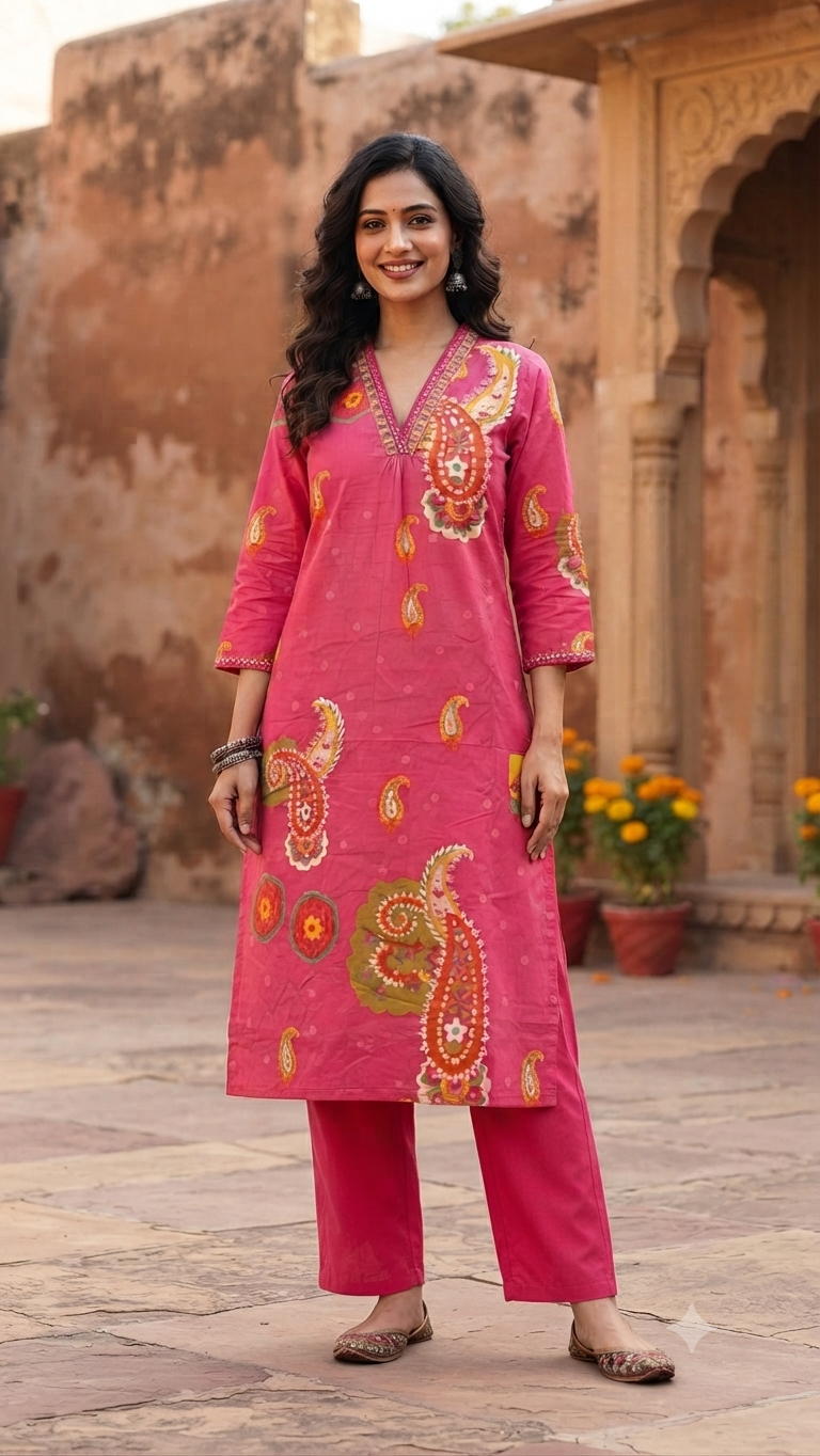 Vibrant Bright Pink Block-Print Style Cotton 2-Piece Kurti Set