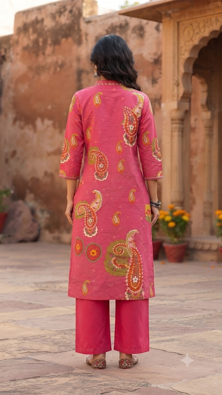 Vibrant Bright Pink Block-Print Style Cotton 2-Piece Kurti Set