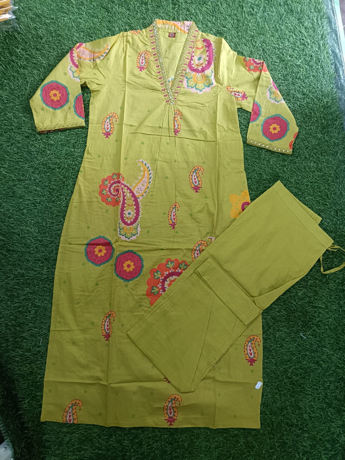 Vibrant Olive Yellow Block-Print Style Cotton 2-Piece Kurti Set