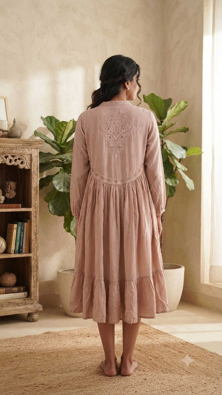Elegant Dusty Pink Silk Embroidered Single Piece Kurti with Adjustable Waist Tie