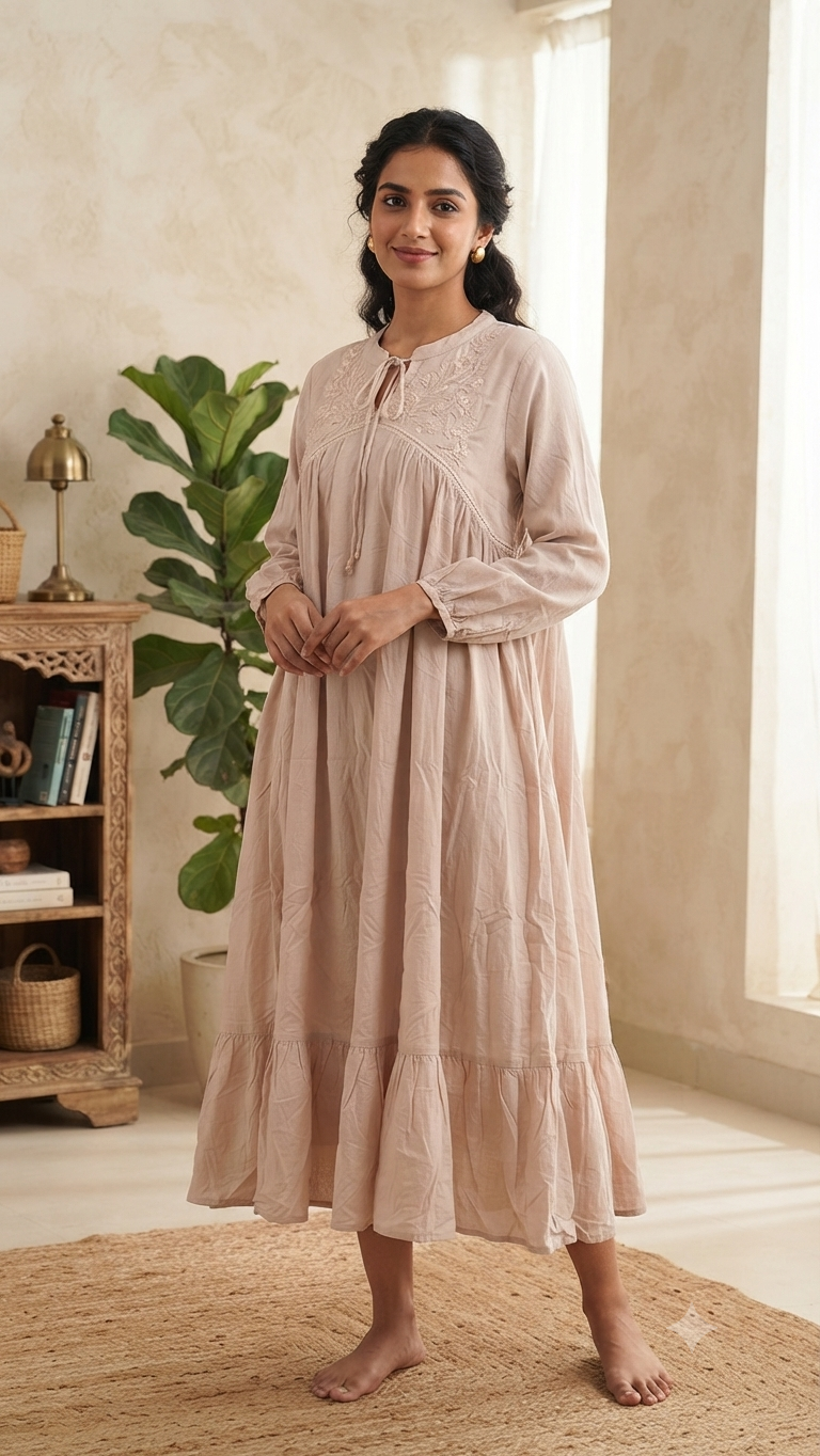 Elegant Dusty Pink Silk Embroidered Single Piece Kurti with Adjustable Waist Tie