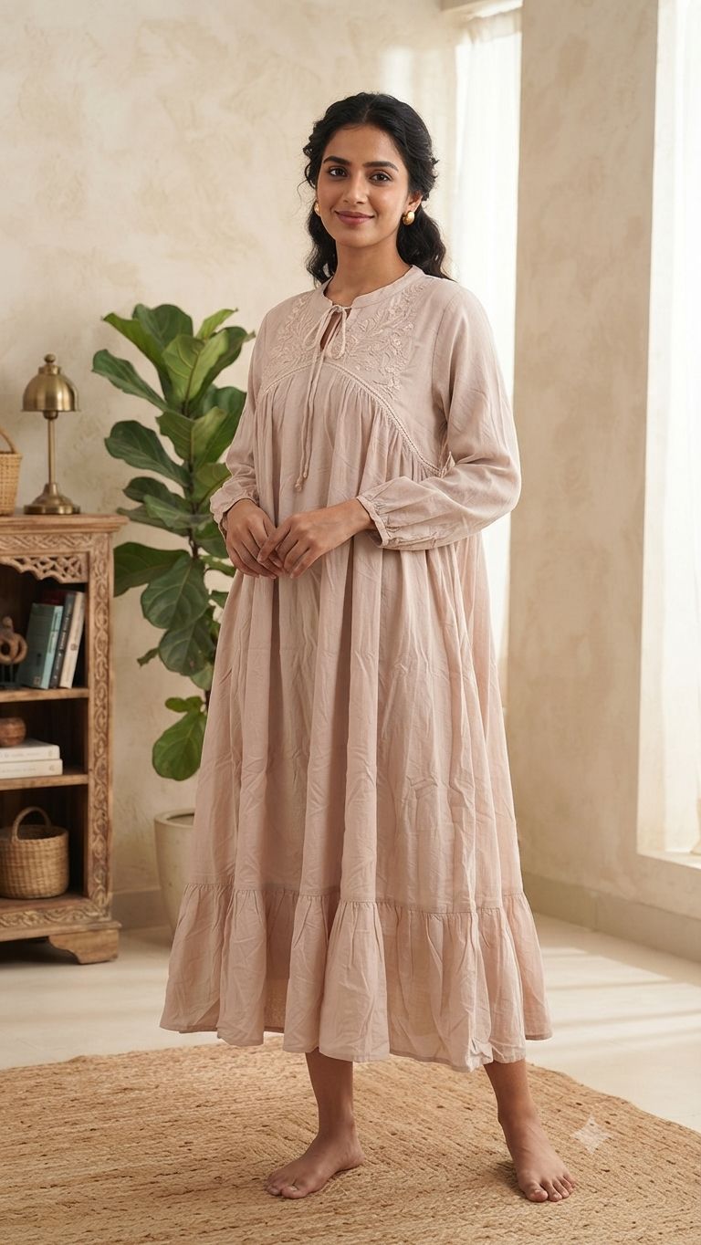 Elegant Dusty Pink Silk Embroidered Single Piece Kurti with Adjustable Waist Tie