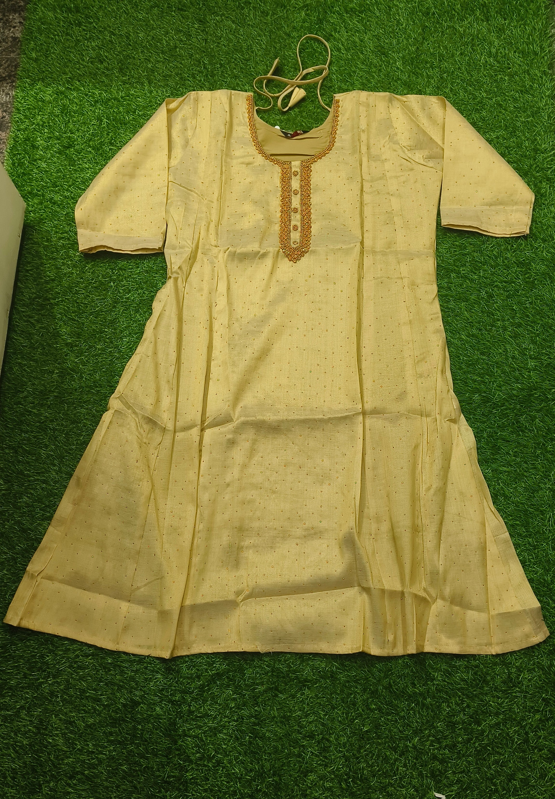 Elegant Gold Georgette Single Piece Kurti with Beaded Yoke