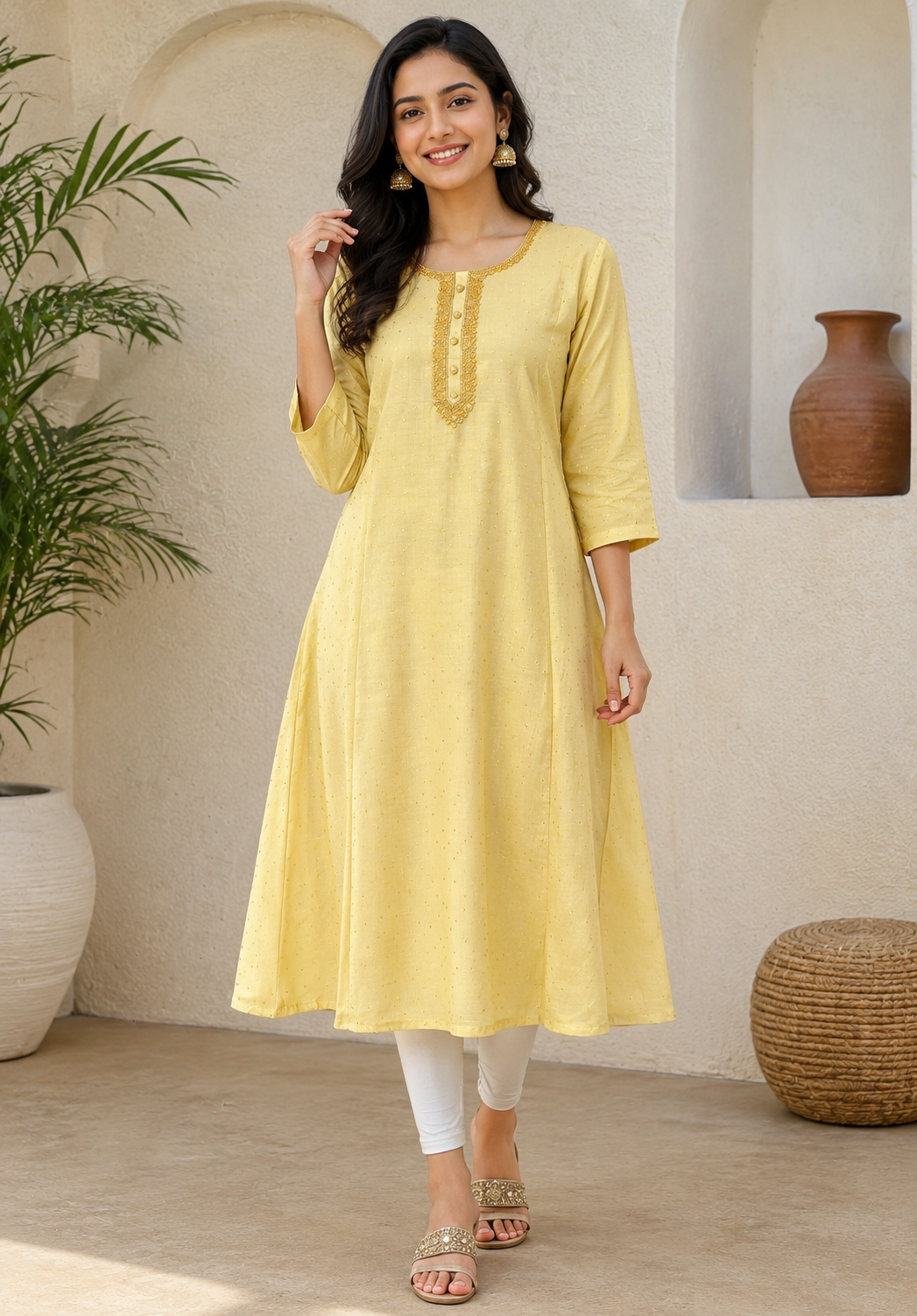 Elegant Gold Georgette Single Piece Kurti with Beaded Yoke