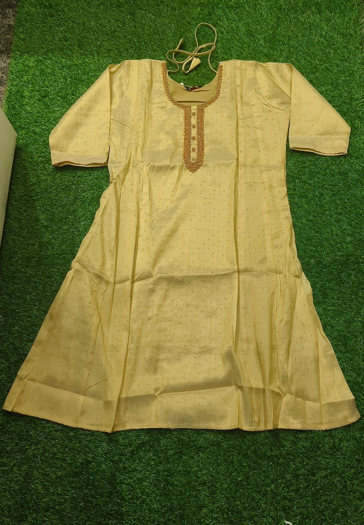 Elegant Gold Georgette Single Piece Kurti with Beaded Yoke