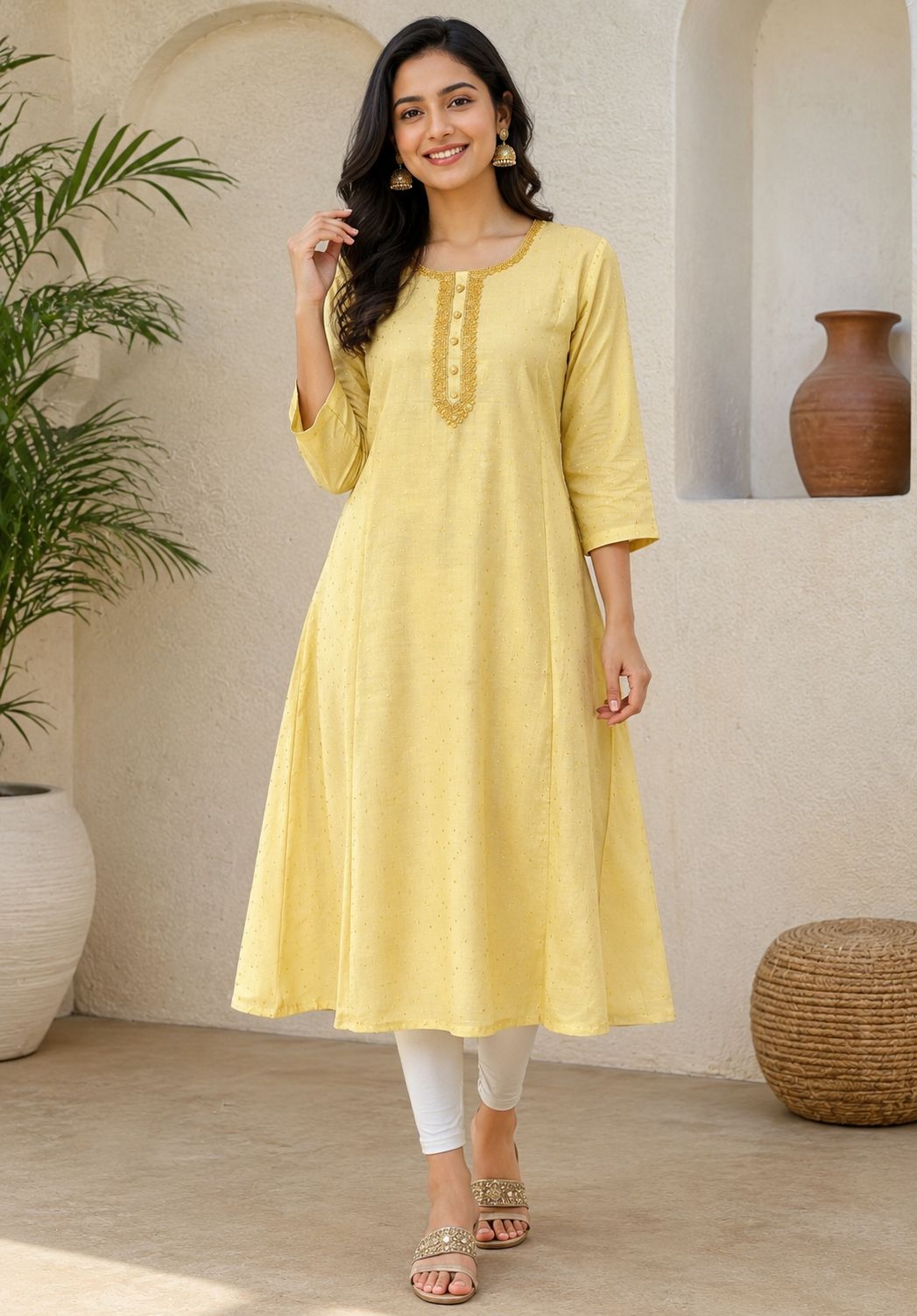Elegant Gold Georgette Single Piece Kurti with Beaded Yoke
