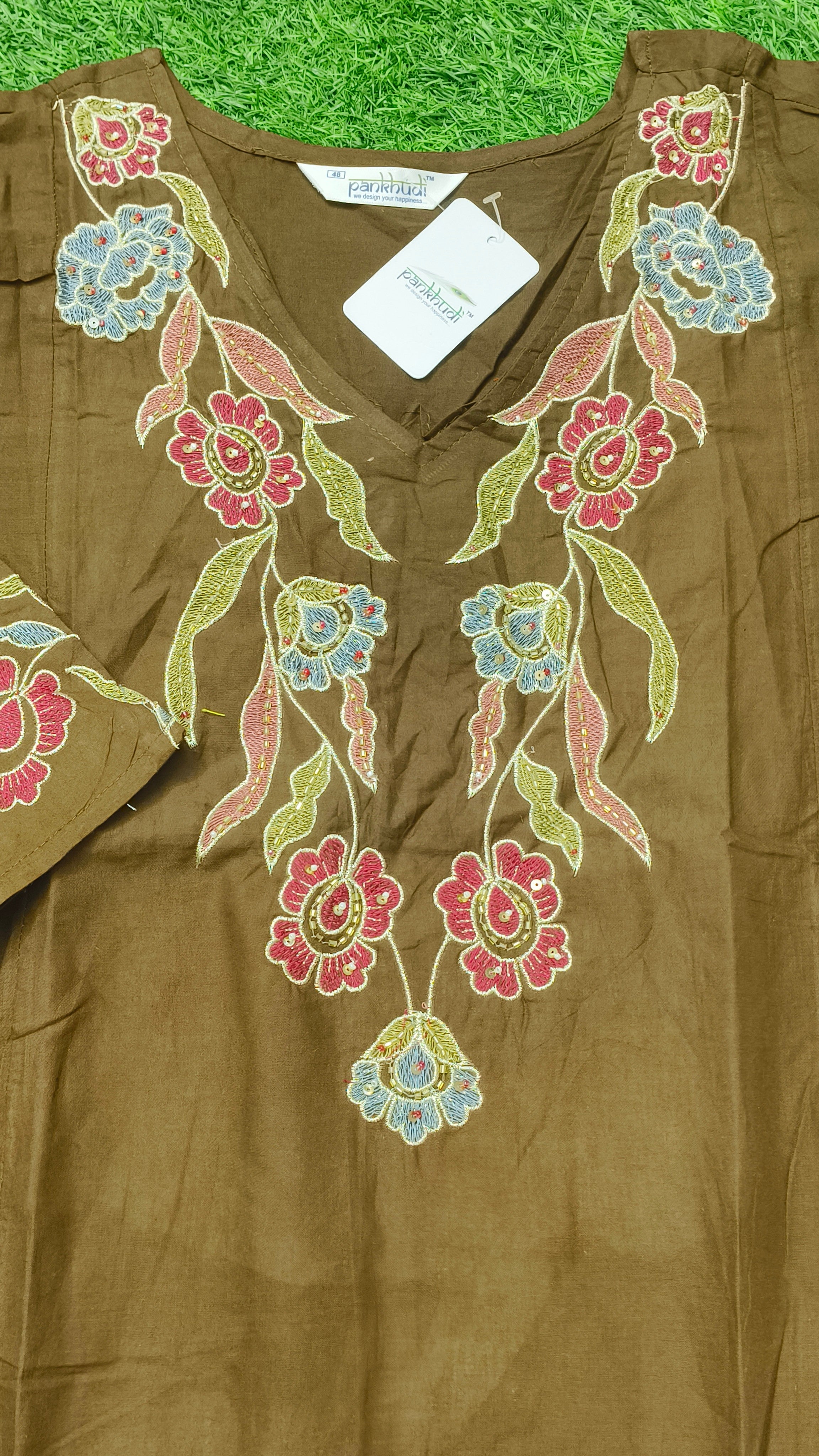 Elegant Brown Floral Embroidered Single Piece Kurti