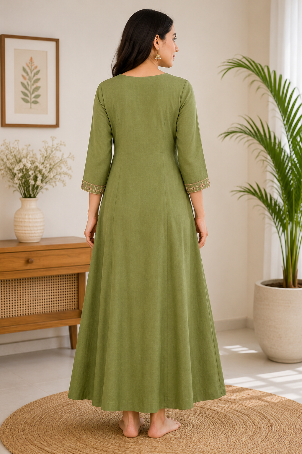 Elegant Olive Green Embroidered Single Piece Kurthi