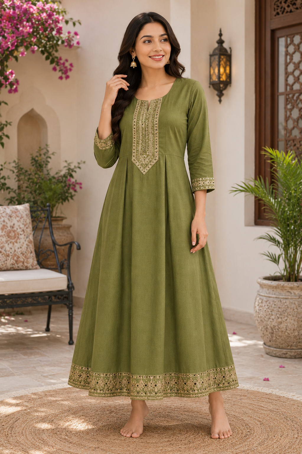 Elegant Olive Green Embroidered Single Piece Kurthi