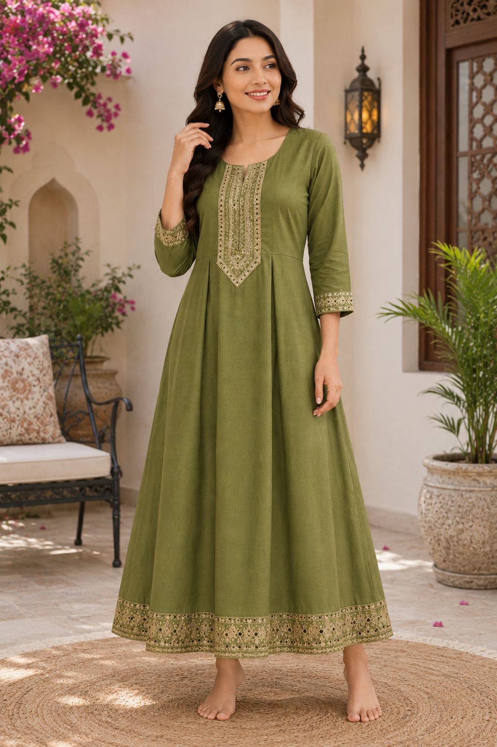 Elegant Olive Green Embroidered Single Piece Kurthi