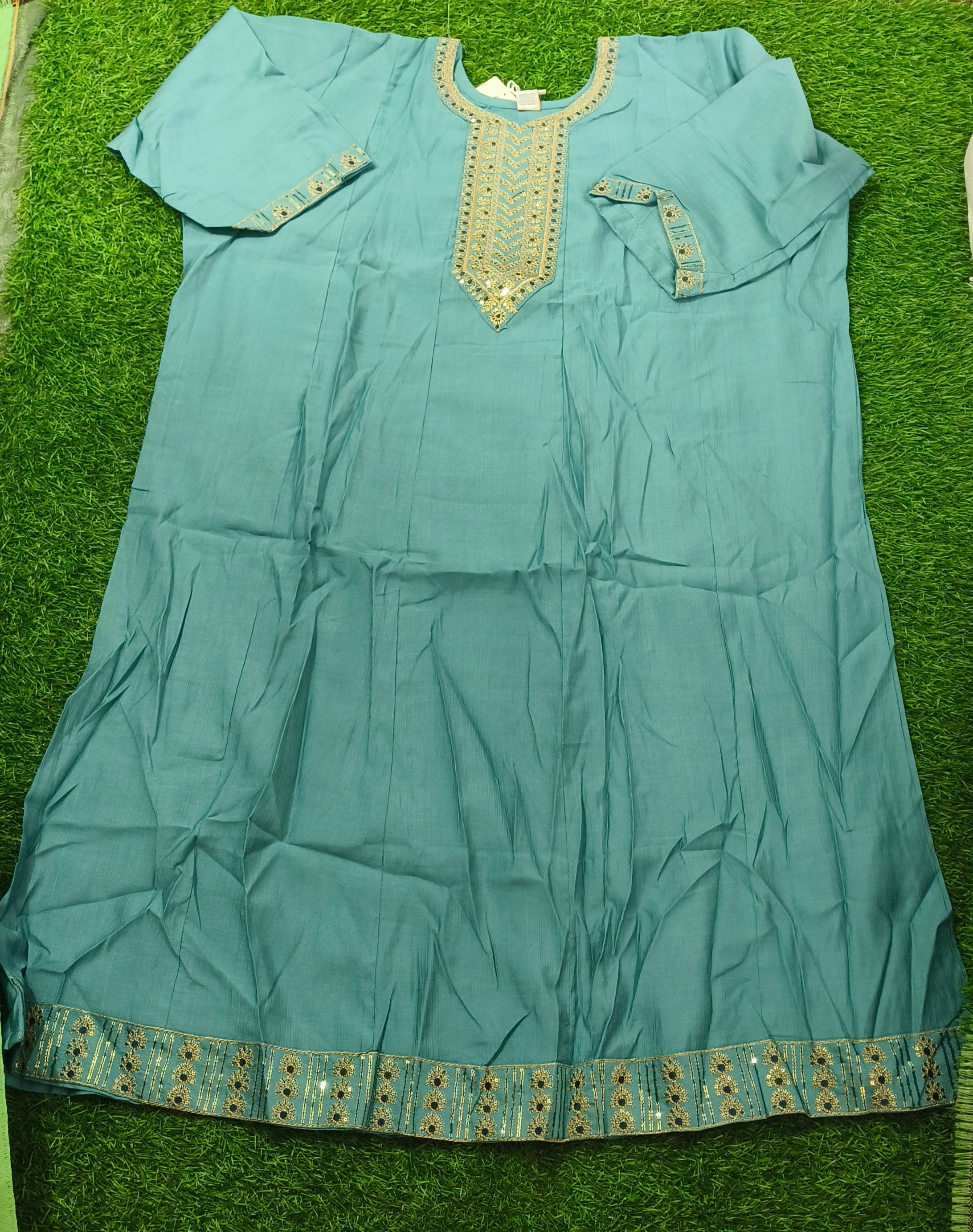 Elegant Teal Blue Embroidered Single Piece Kurti