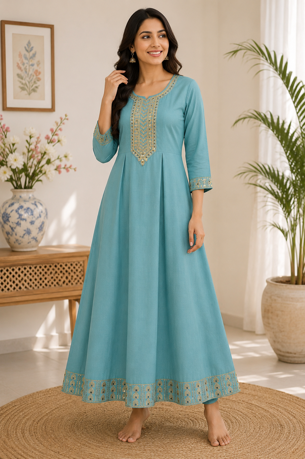 Elegant Teal Blue Embroidered Single Piece Kurti