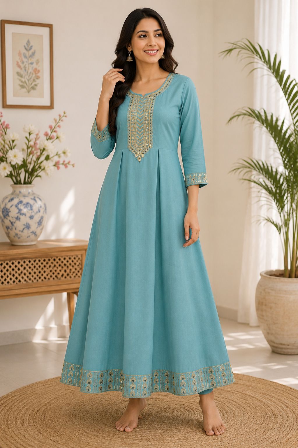 Elegant Teal Blue Embroidered Single Piece Kurti