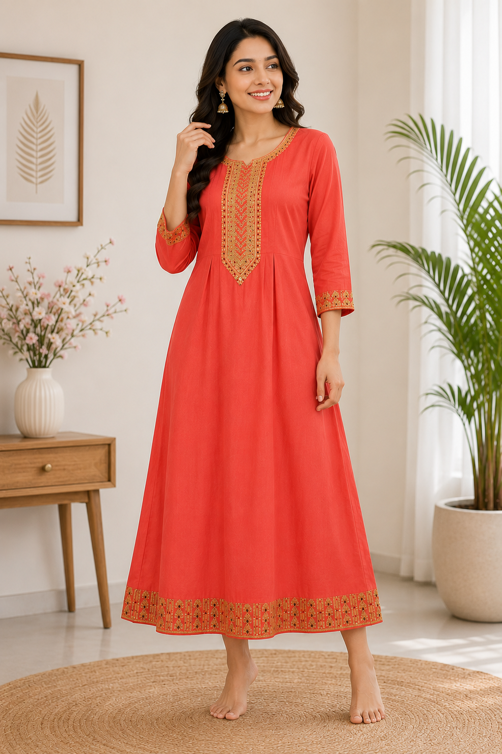 Elegant Coral Pink Embroidered Single Piece Kurti