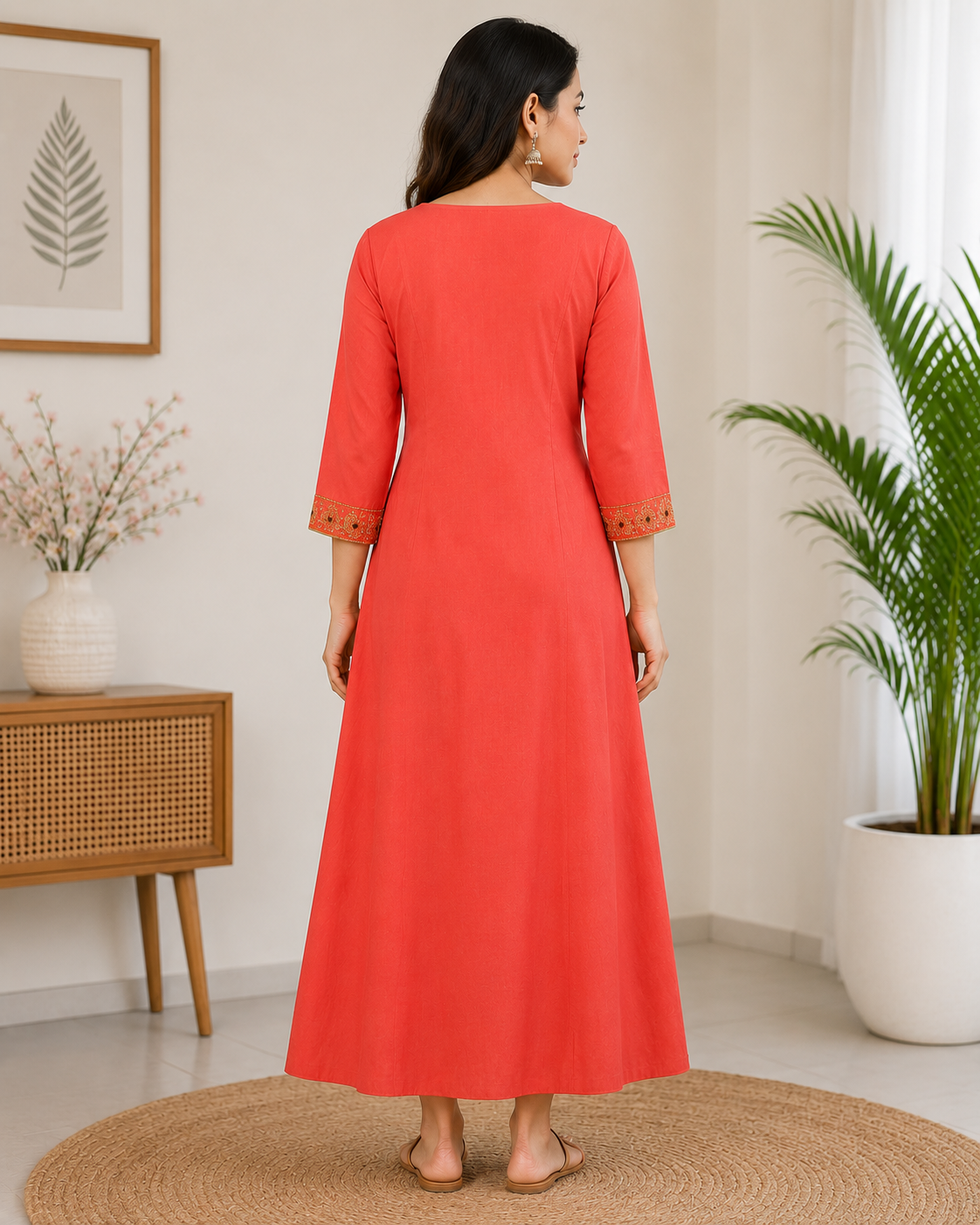 Elegant Coral Pink Embroidered Single Piece Kurti