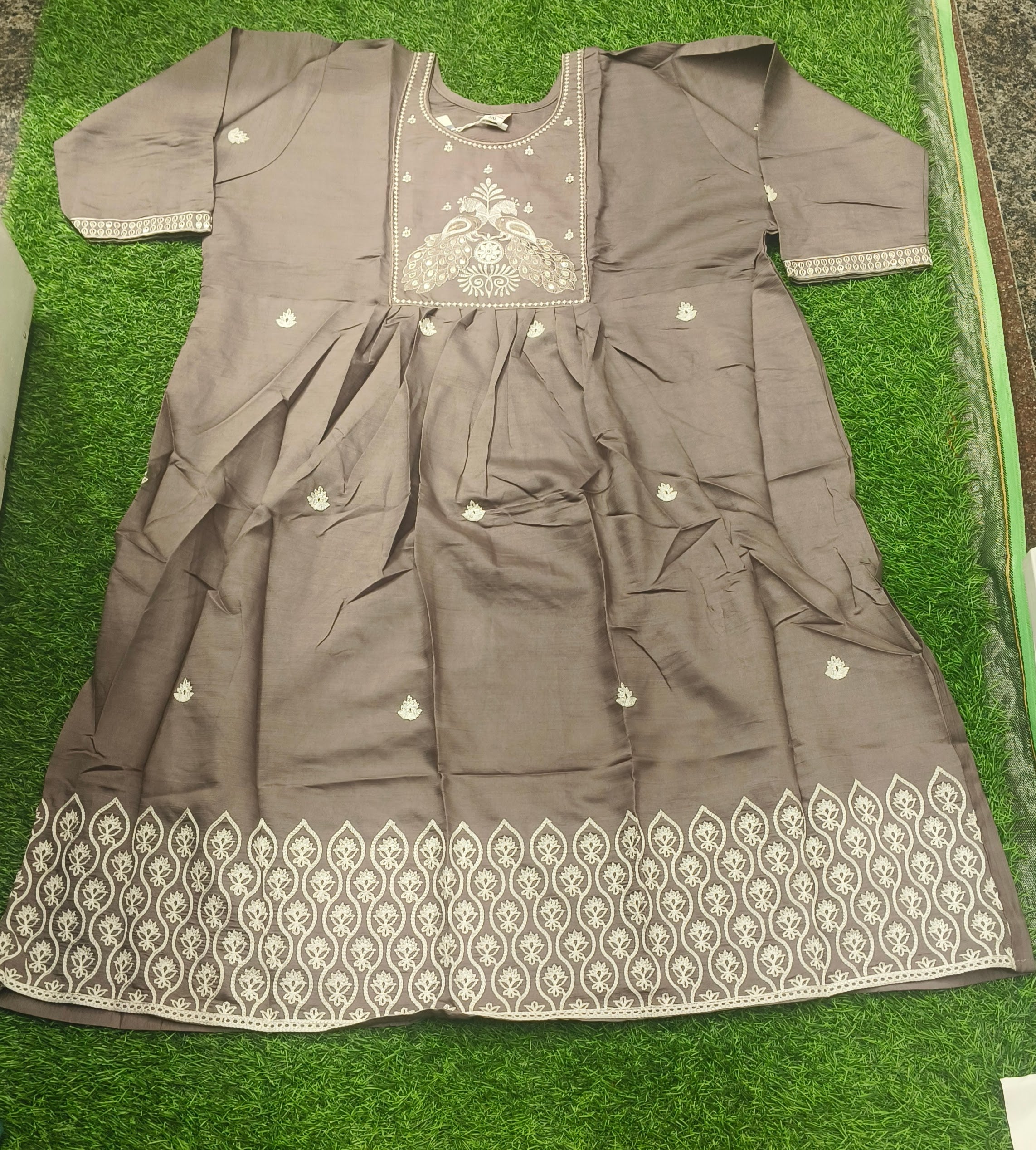 Elegant Greyish brown Embroidered Rayon Single Piece Kurti