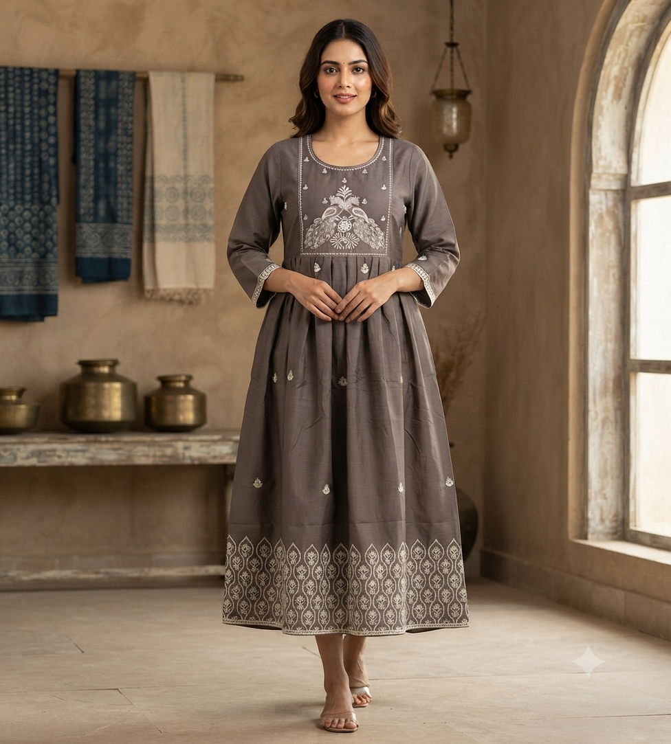 Elegant Greyish brown Embroidered Rayon Single Piece Kurti