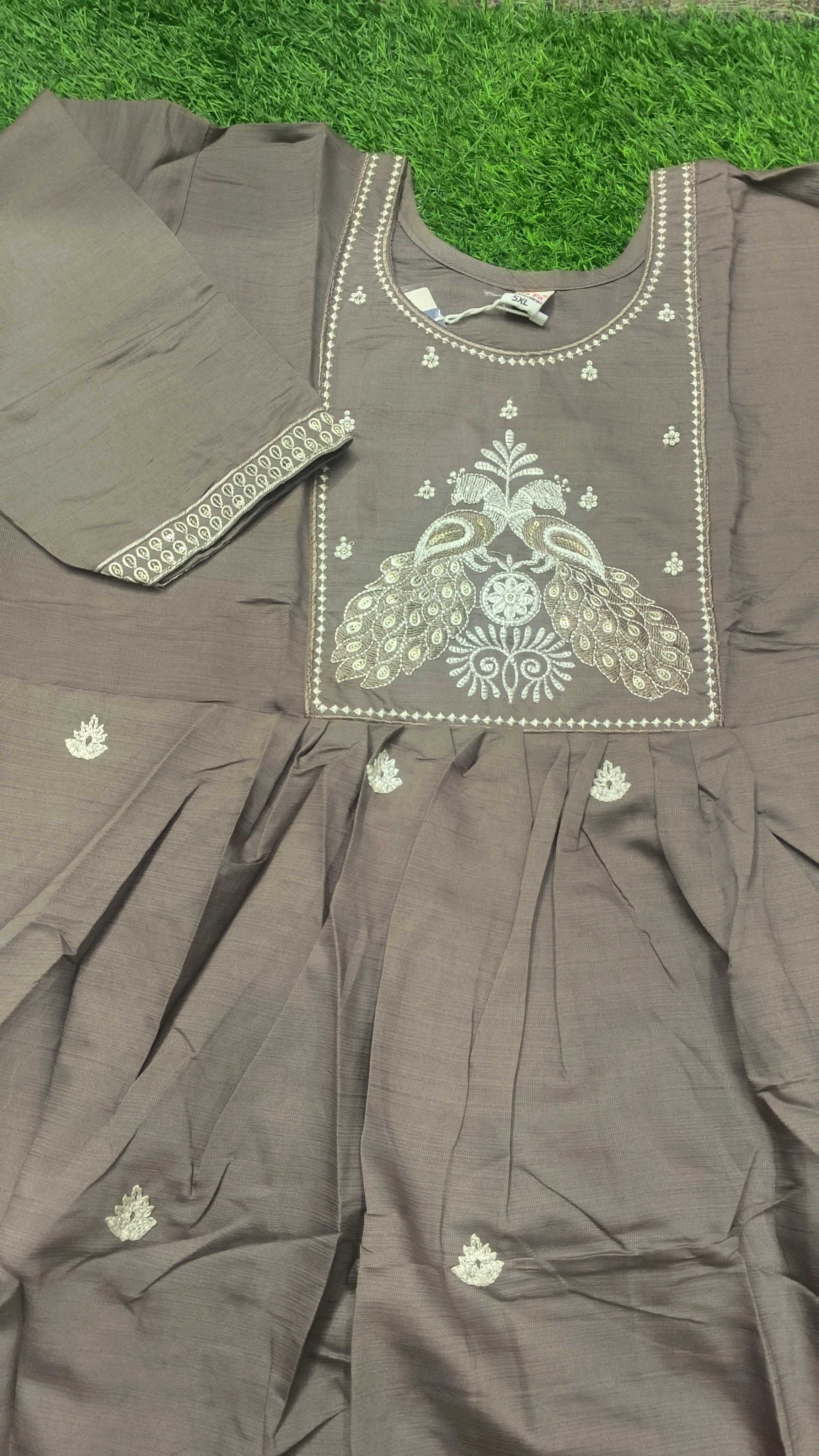 Elegant Greyish brown Embroidered Rayon Single Piece Kurti