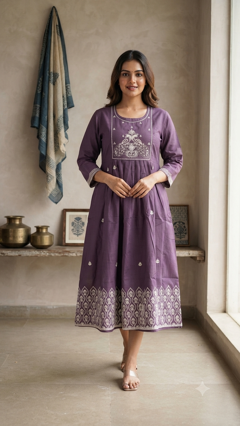 Elegant purple Embroidered Rayon Single Piece Kurti