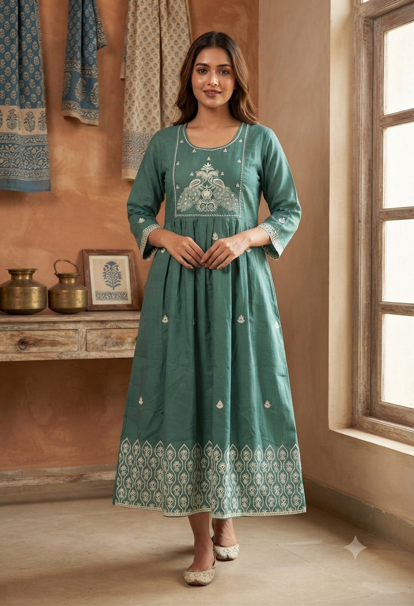 Elegant Sea Green Embroidered Rayon Single Piece Kurti