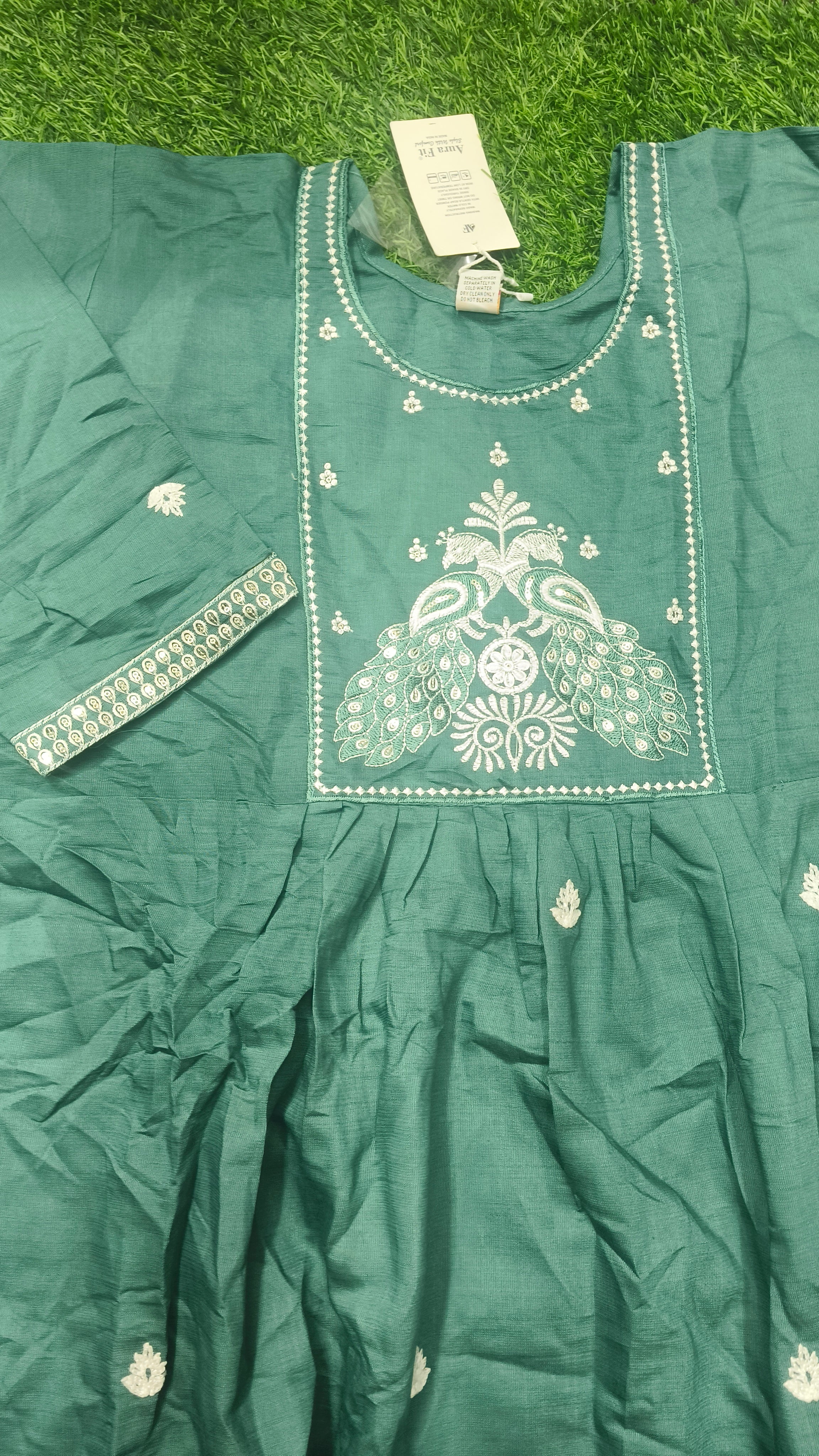 Elegant Sea Green Embroidered Rayon Single Piece Kurti