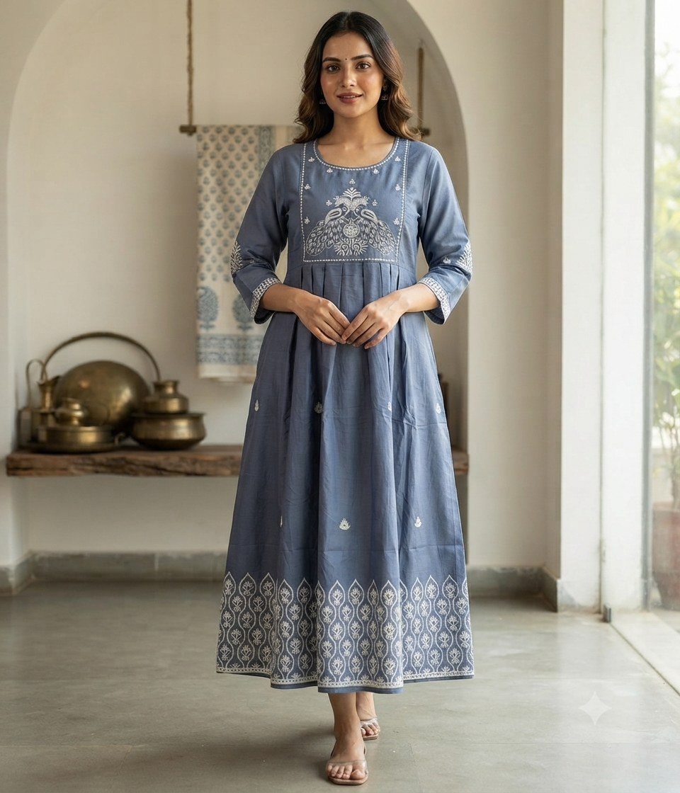 Elegant Grey Embroidered Rayon Single Piece Kurti