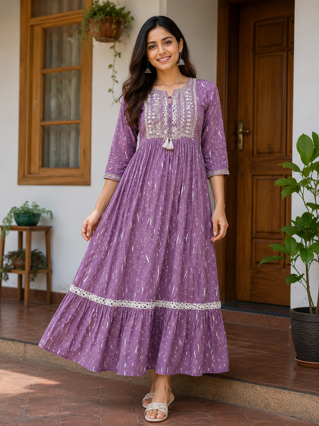 Elegant Lavender Embroidered Single Piece Tiered Kurti