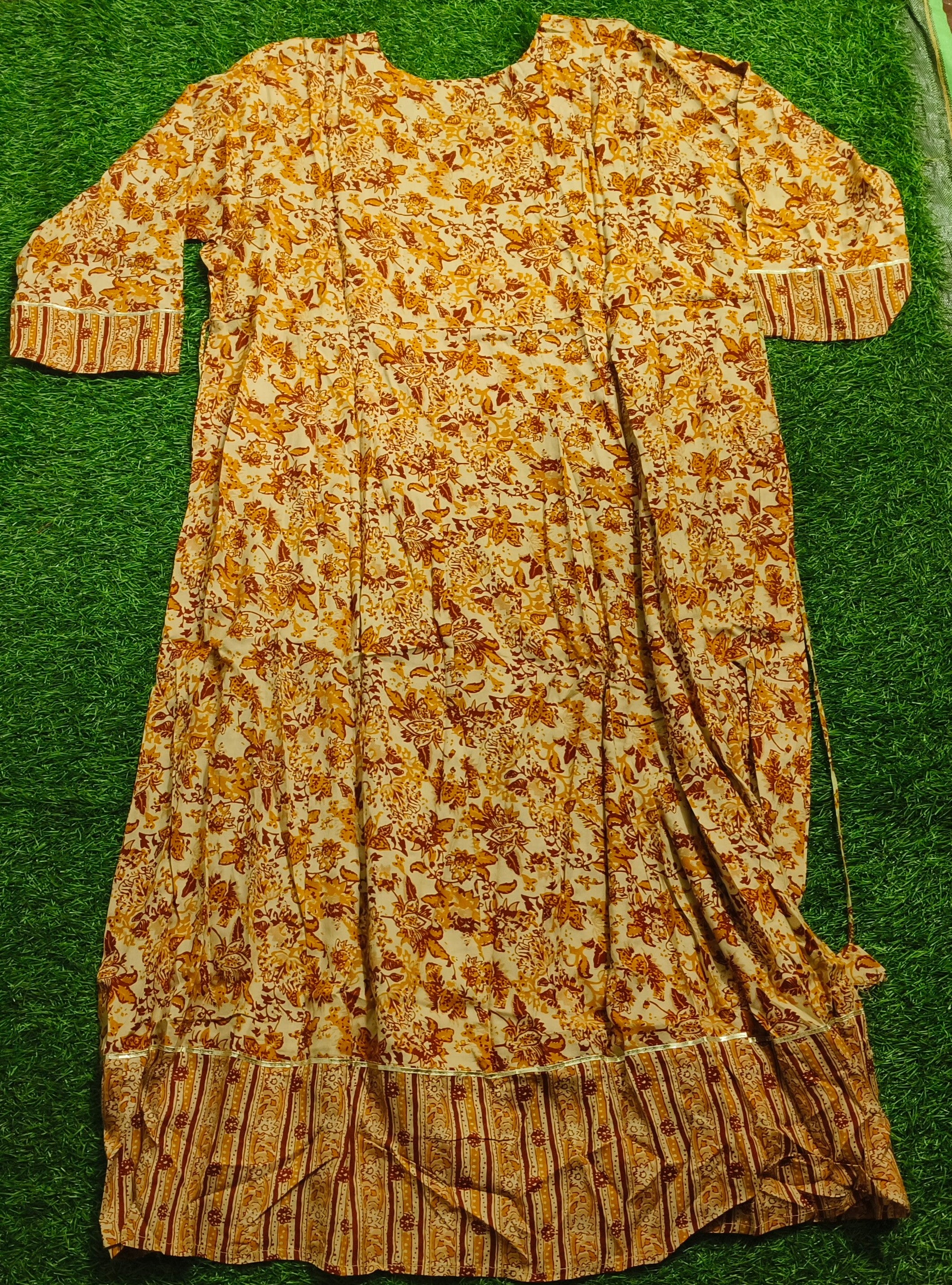 Elegant Floral Printed Mustard Yellow, Rust Orange, and Off-White Single Piece Kurti with Embroidered Yoke and Border